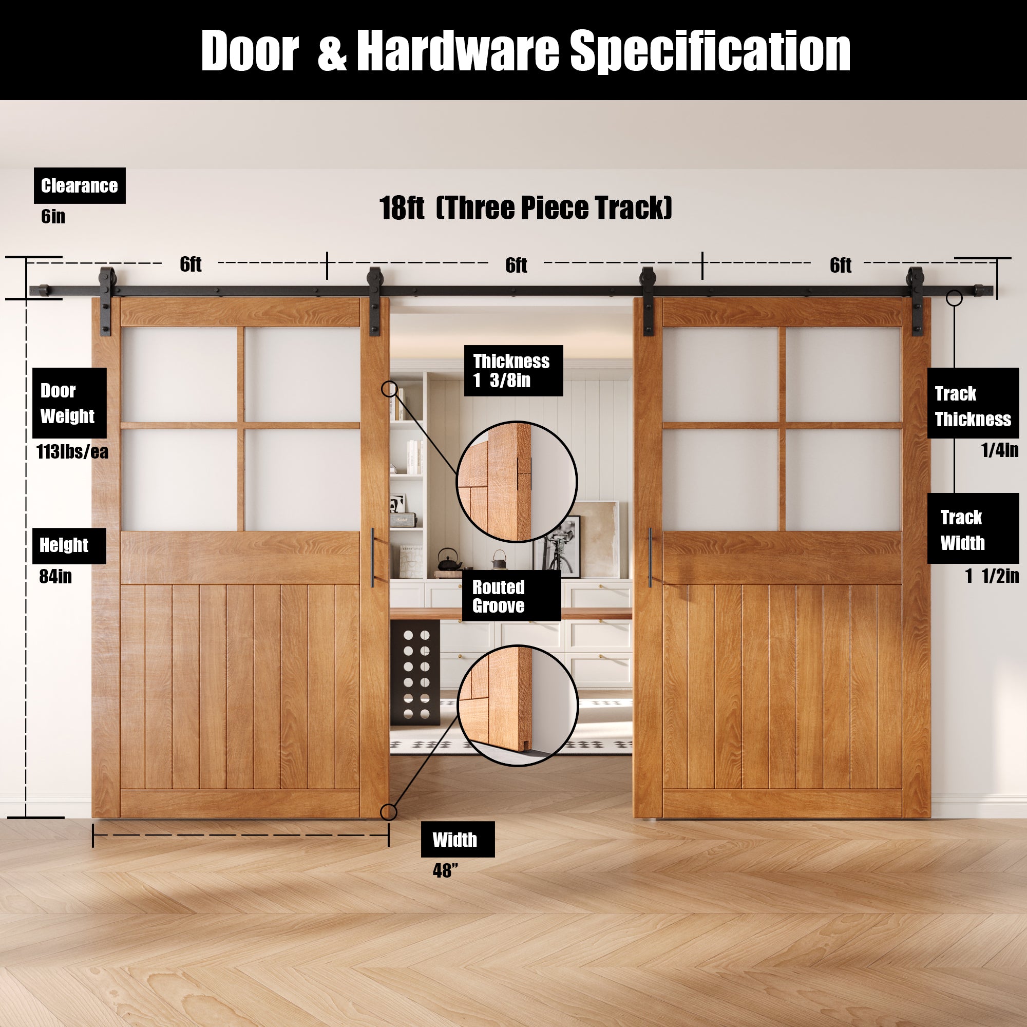 84" Height Early American Half Lite Grid Glass Double Unassembled & Finished Pine Wood Barn Doors with Non-Bypass Installation Hardware Kit (Interior Use Only)