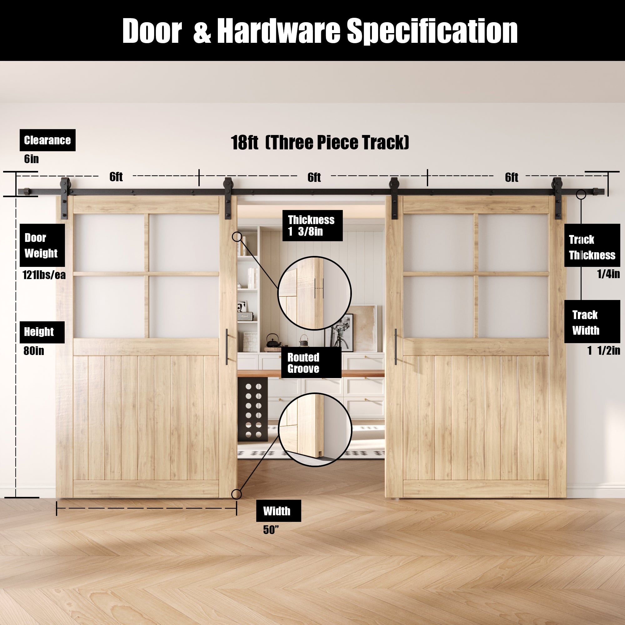 80" Height Half Lite Grid Glass Double Unassembled & Unfinished Pine Wood Barn Doors with Non-Bypass Installation Hardware Kit (Interior Use Only)
