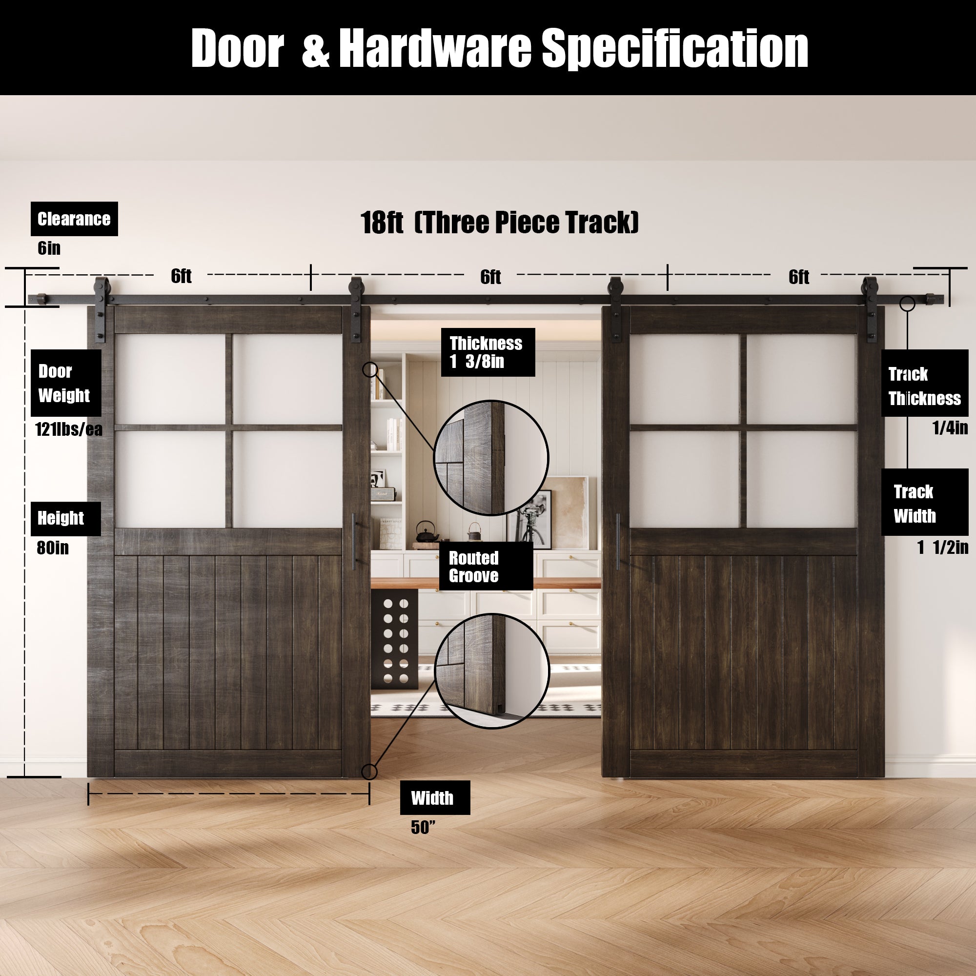 80" Height Ebony Half Lite Grid Glass Double Unassembled & Finished Pine Wood Barn Doors with Non-Bypass Installation Hardware Kit (Interior Use Only)
