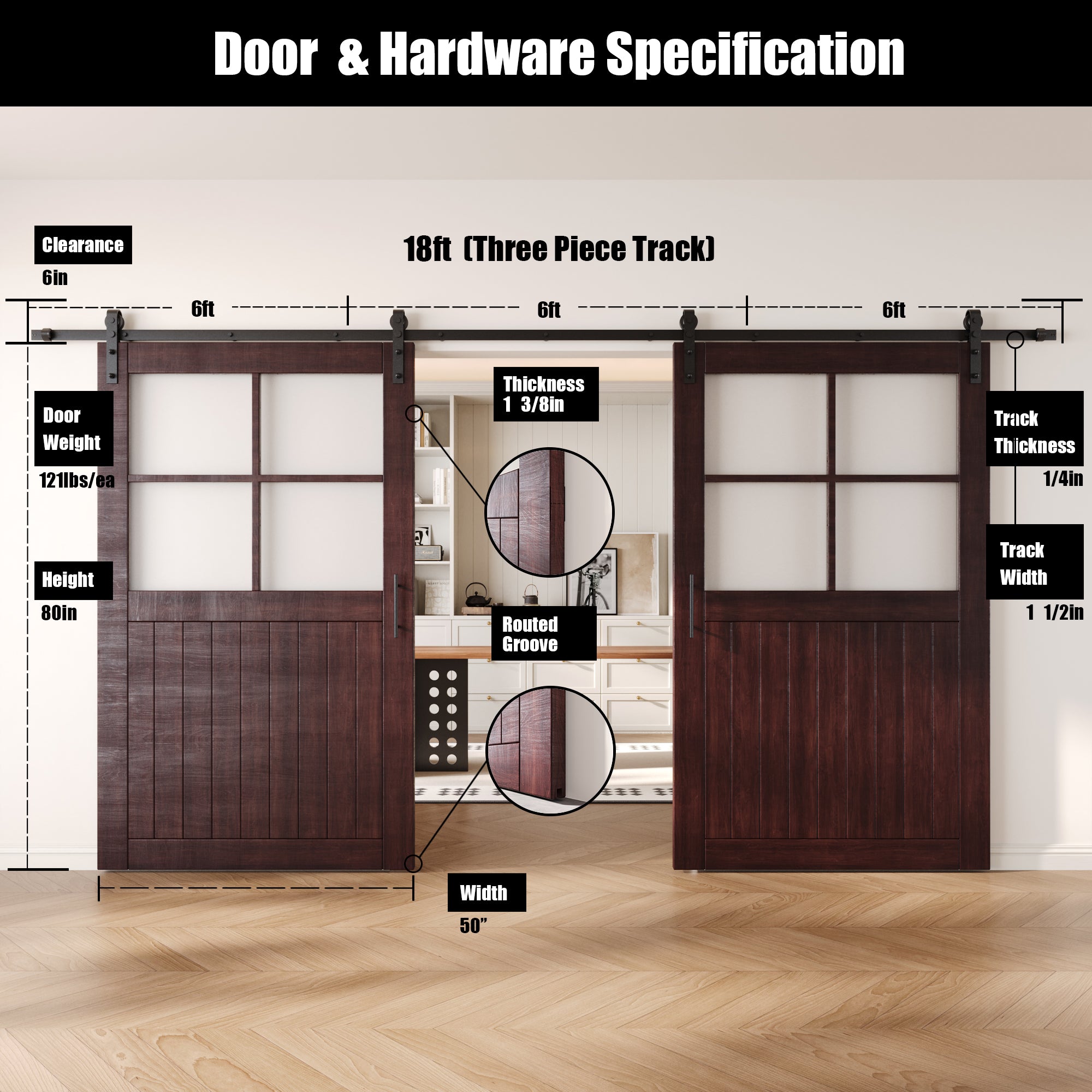 80" Height Red Mahogany Half Lite Grid Glass Double Unassembled & Finished Pine Wood Barn Doors with Non-Bypass Installation Hardware Kit (Interior Use Only)