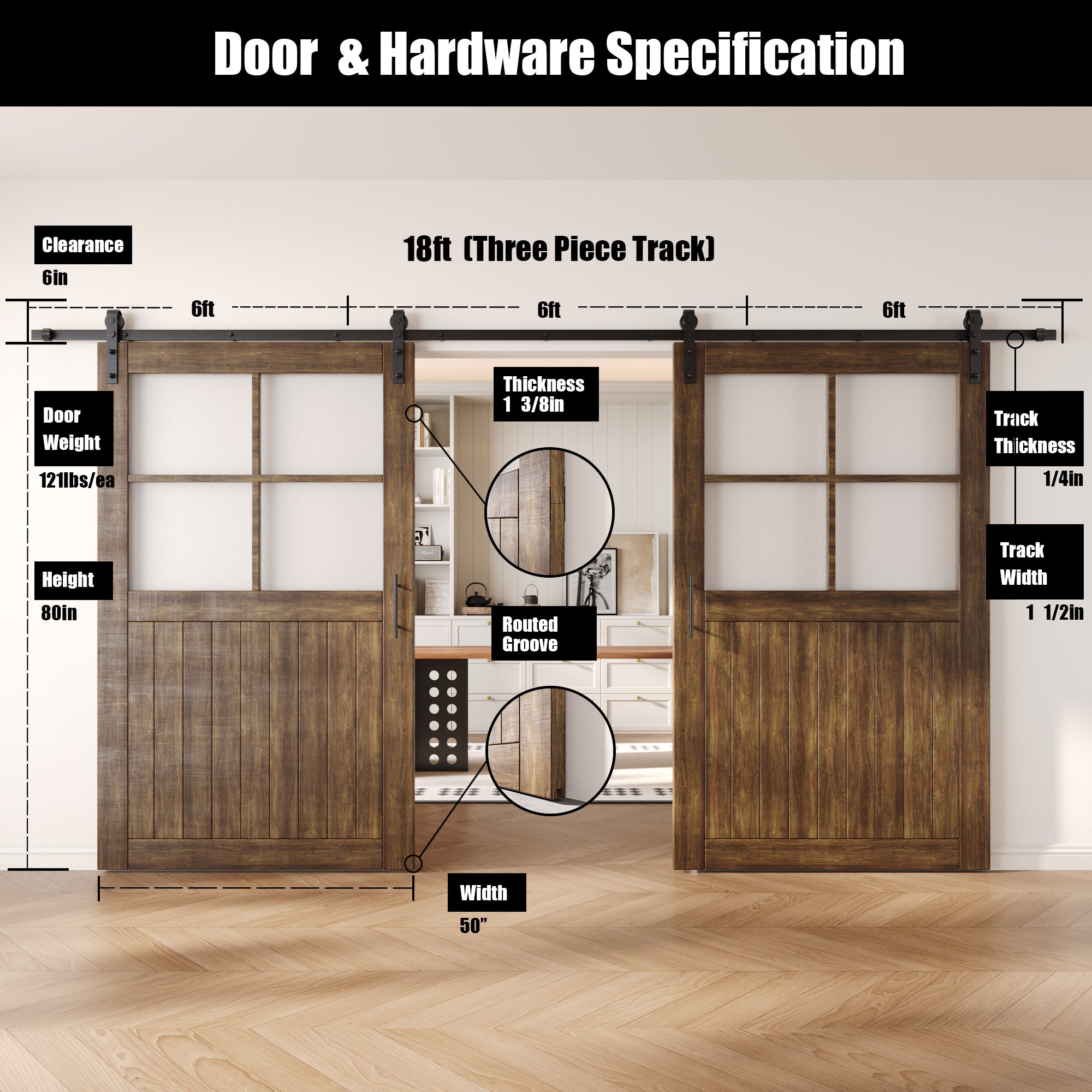 80" Height Dark Walnut Half Lite Grid Glass Double Unassembled & Finished Pine Wood Barn Doors with Non-Bypass Installation Hardware Kit (Interior Use Only)