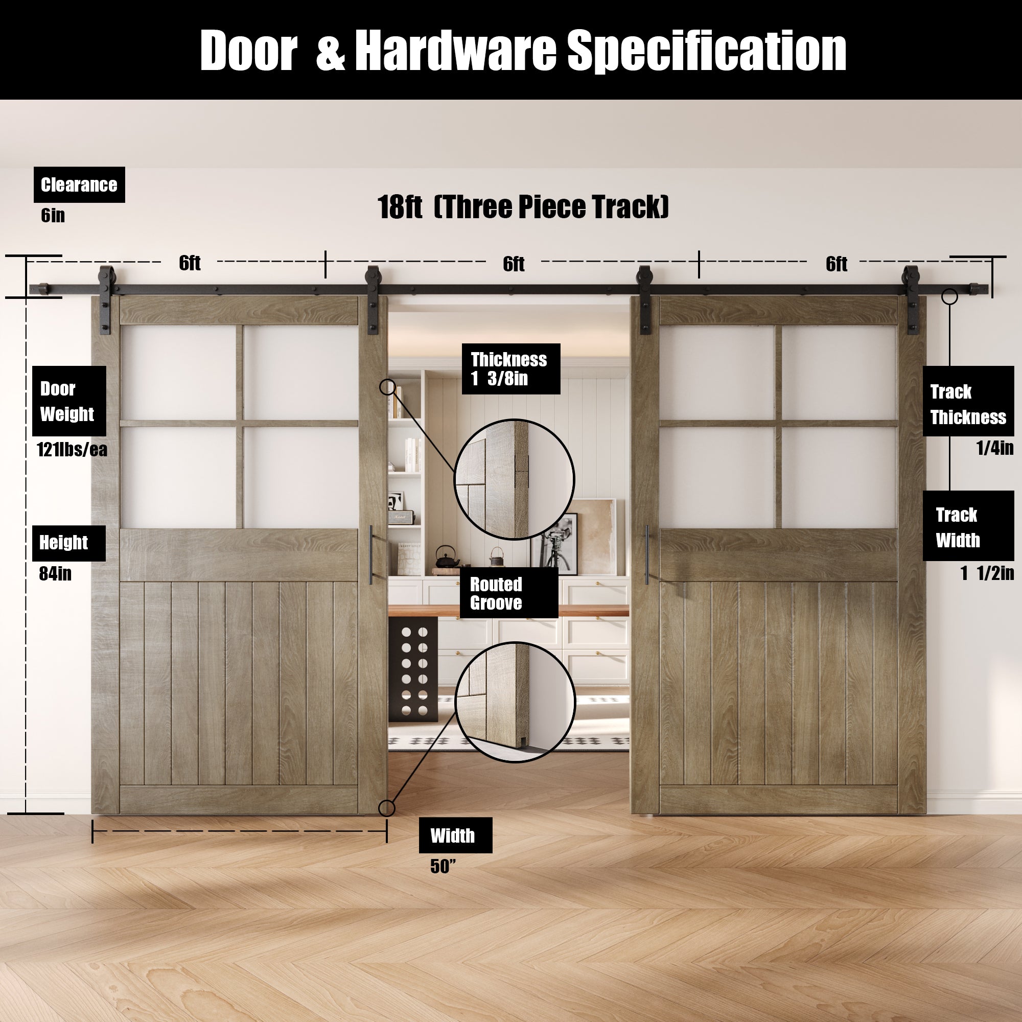 84" Height Classic Gray Half Lite Grid Glass Double Unassembled & Finished Pine Wood Barn Doors with Non-Bypass Installation Hardware Kit (Interior Use Only)
