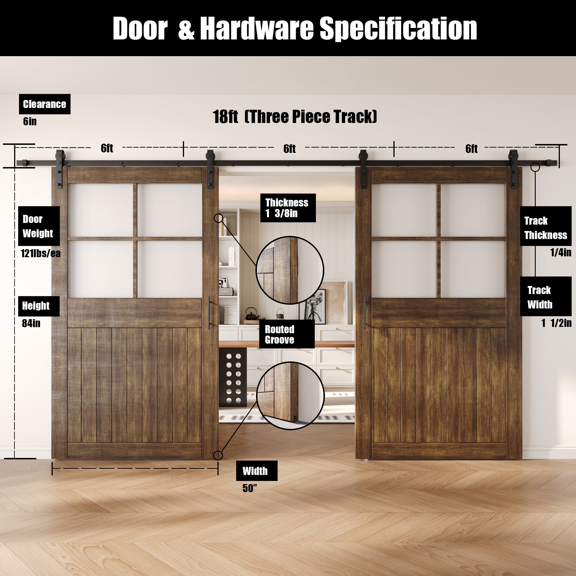 84" Height Dark Walnut Half Lite Grid Glass Double Unassembled & Finished Pine Wood Barn Doors with Non-Bypass Installation Hardware Kit (Interior Use Only)