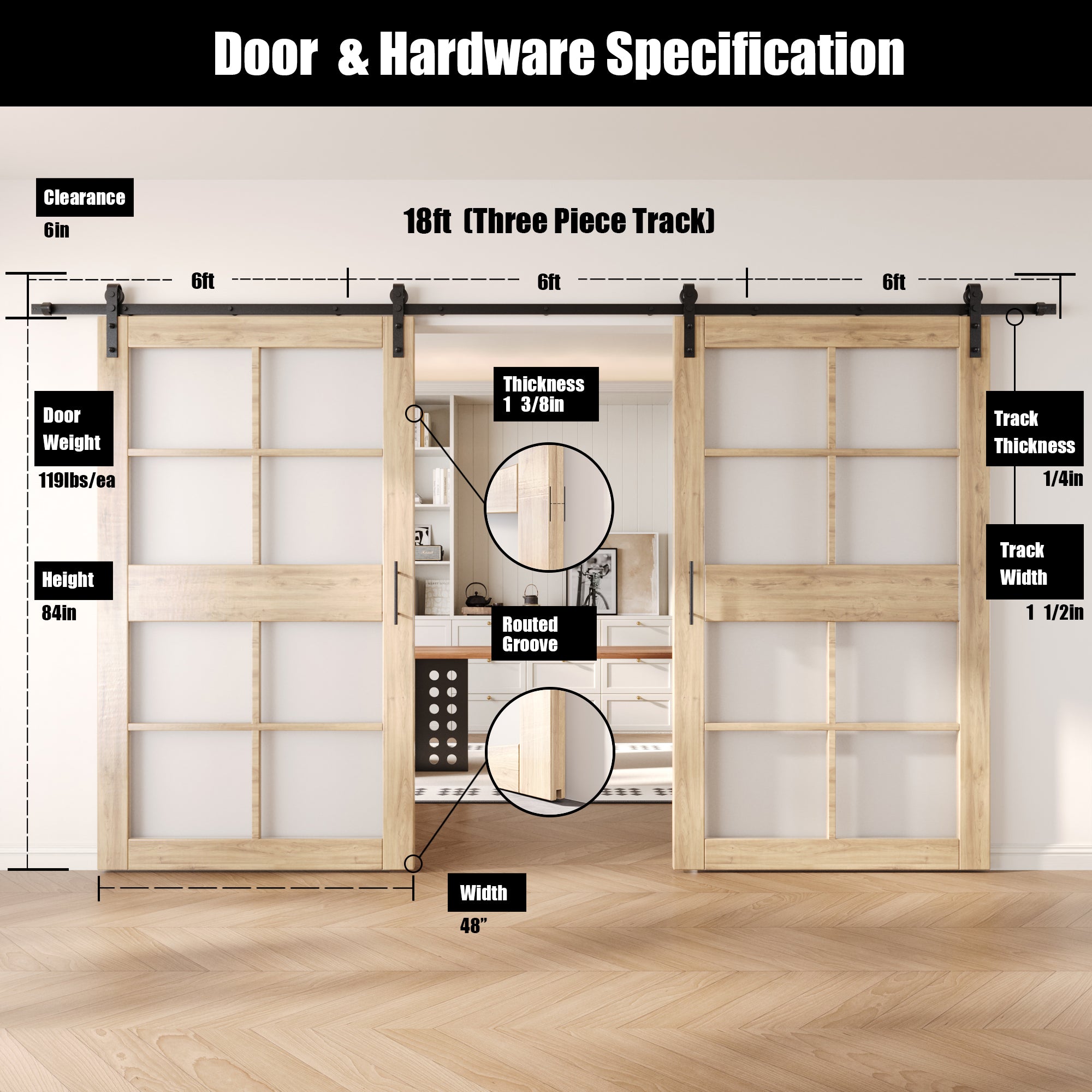 84" Height 8-Lite Frosted Glass Double Unassembled & Unfinished Pine Wood Barn Doors with Non-Bypass Installation Hardware Kit (Interior Use Only)