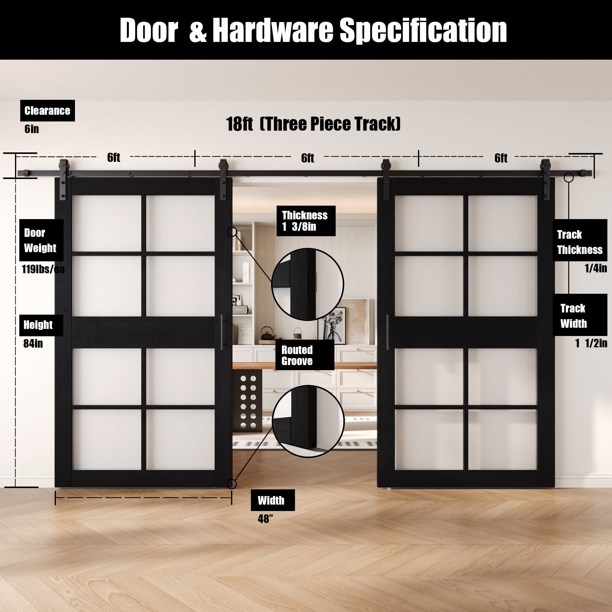 84" Height Black 8-Lite Frosted Glass Double Unassembled & Finished Pine Wood Barn Doors with Non-Bypass Installation Hardware Kit (Interior Use Only)