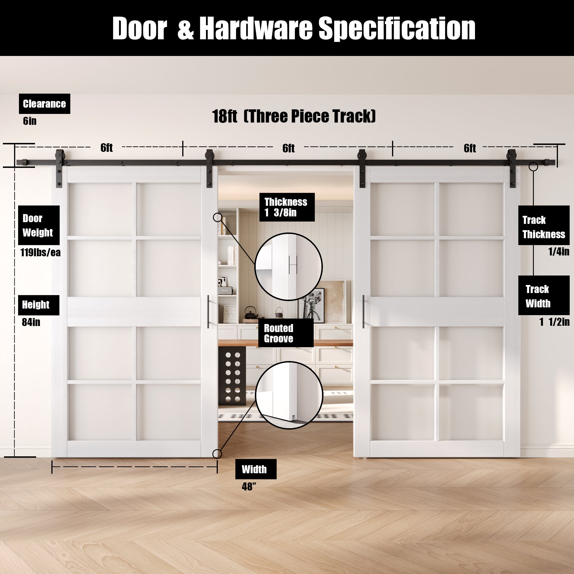 84" Height White 8-Lite Frosted Glass Double Unassembled & Finished Pine Wood Barn Doors with Non-Bypass Installation Hardware Kit (Interior Use Only)