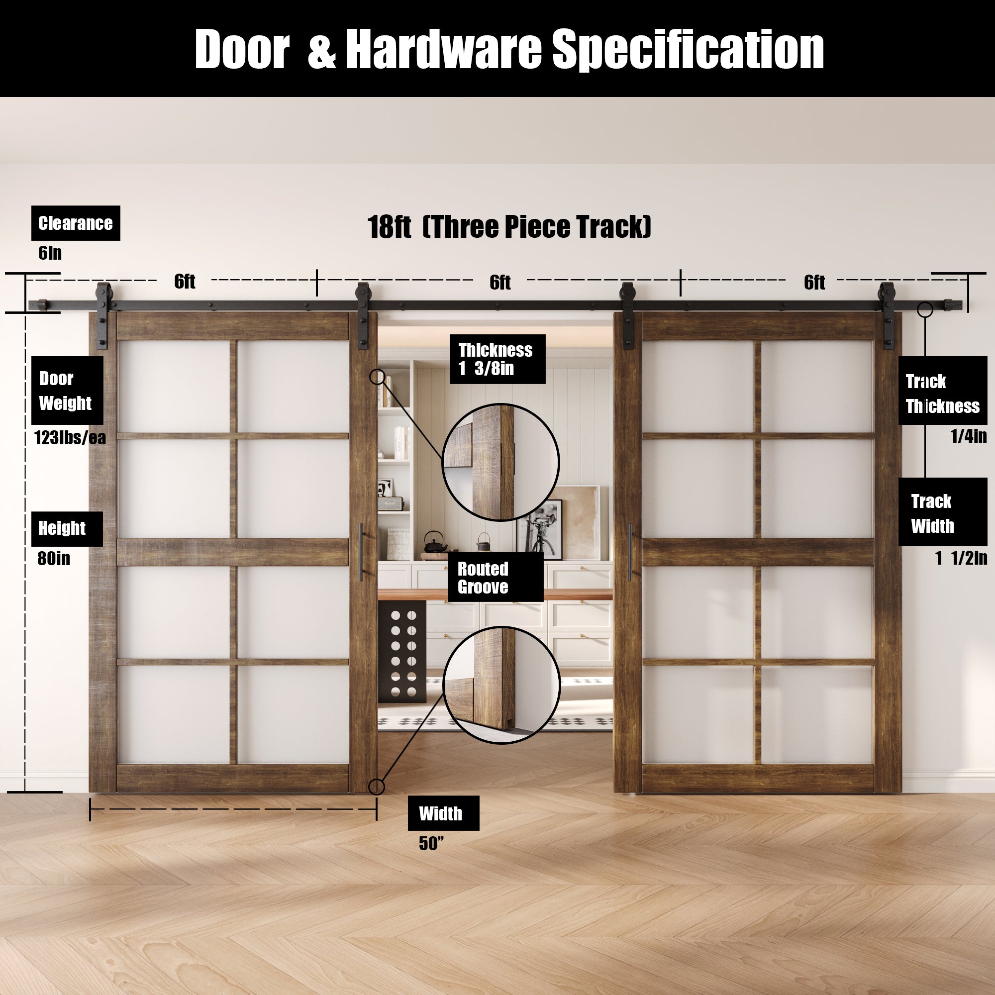 80" Height Dark Walnut 8-Lite Frosted Glass Double Unassembled & Finished Pine Wood Barn Doors with Non-Bypass Installation Hardware Kit (Interior Use Only)