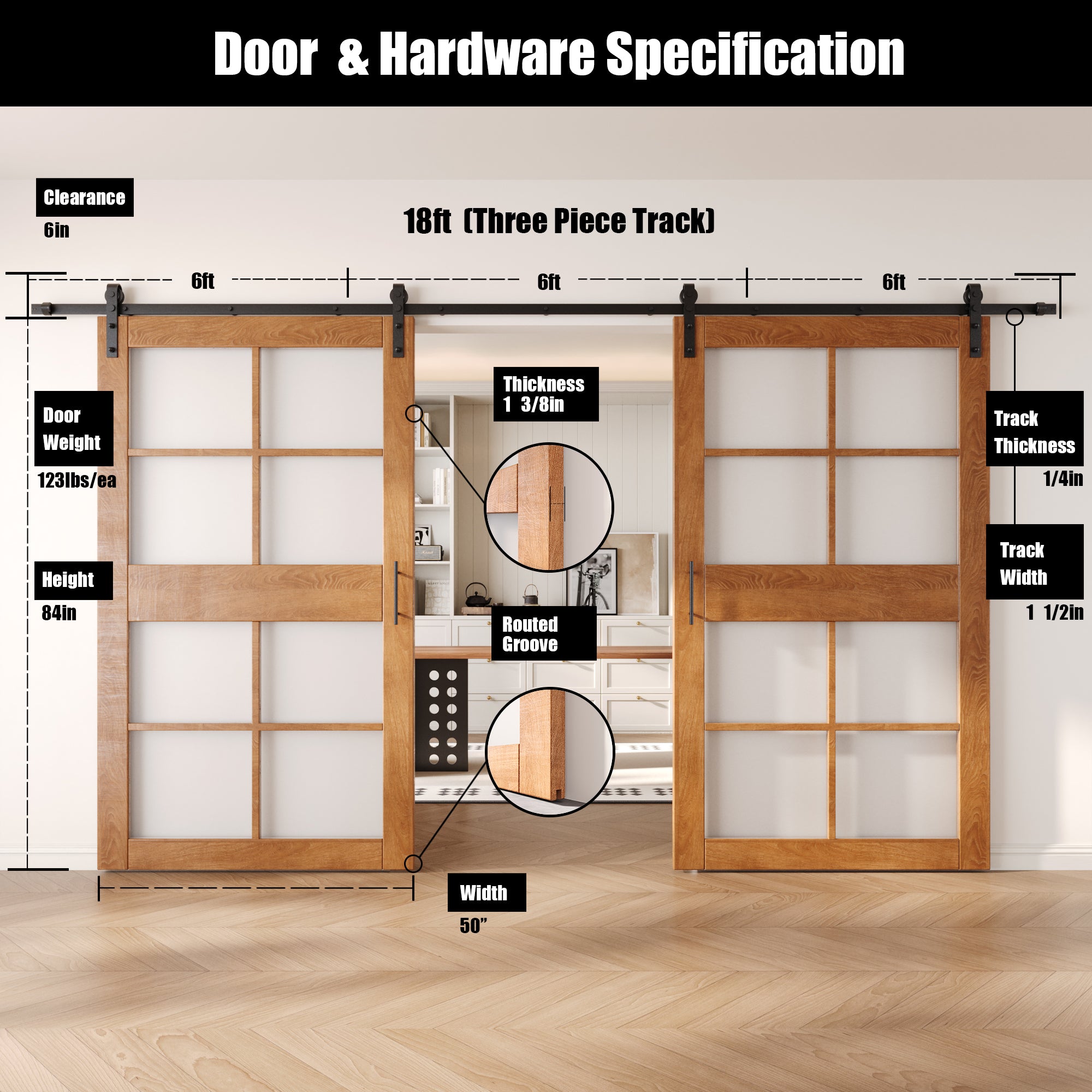 84" Height Early American 8-Lite Frosted Glass Double Unassembled & Finished Pine Wood Barn Doors with Non-Bypass Installation Hardware Kit (Interior Use Only)