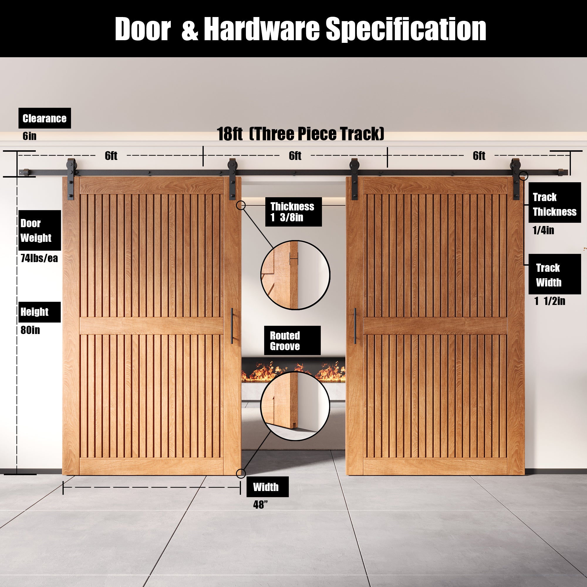 80" Height Early American Vertical Stripe Design Unassembled & Finished Double Pine Wood Barn Door with Non-Bypass Installation Hardware Kit(Interior Use Only)