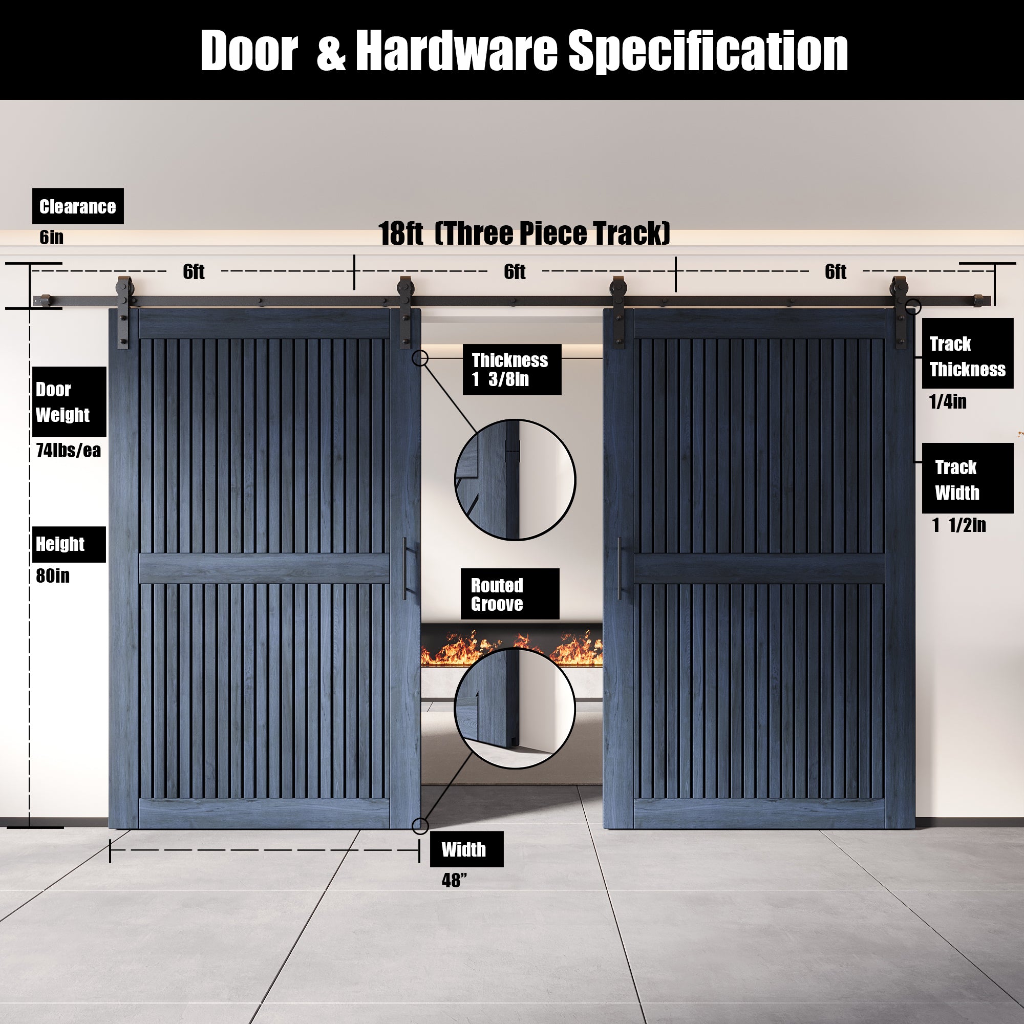 80" Height Navy Vertical Stripe Design Unassembled & Finished Double Pine Wood Barn Door with Non-Bypass Installation Hardware Kit(Interior Use Only)