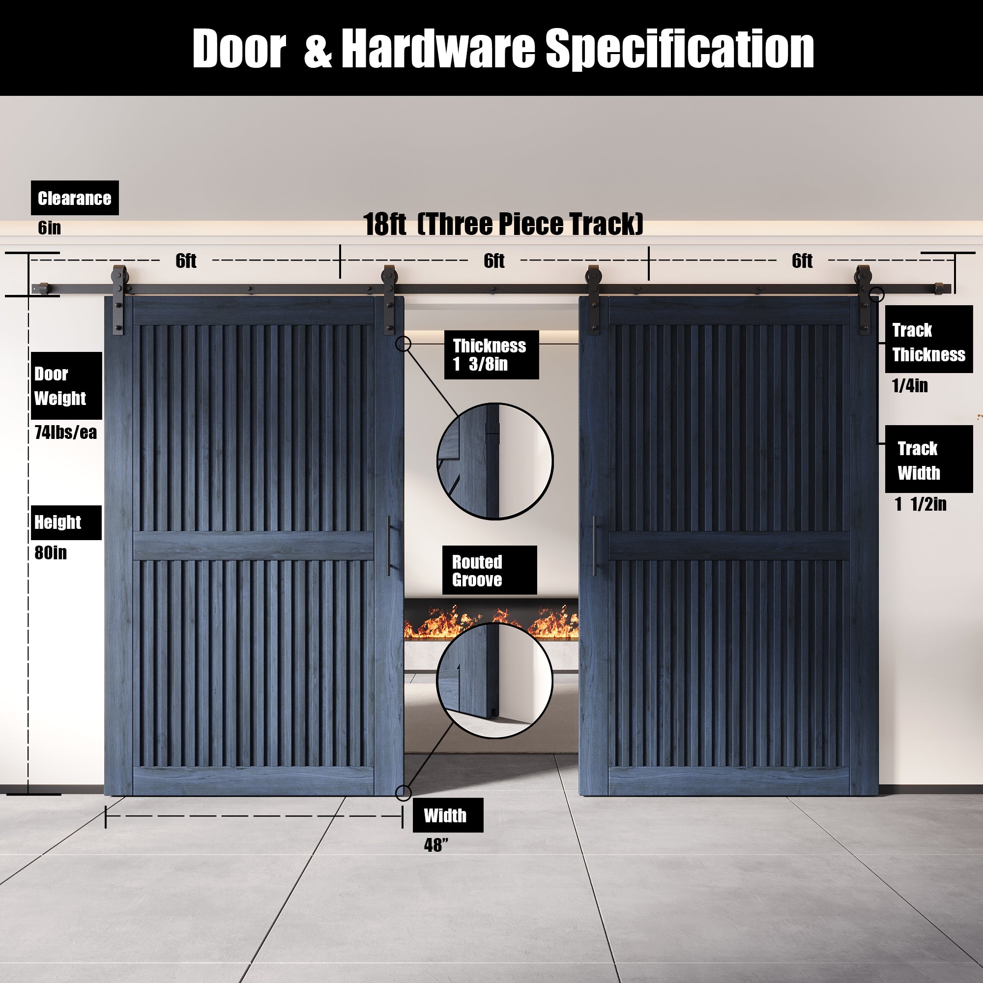 80" Height Navy Vertical Stripe Design Unassembled & Finished Double Pine Wood Barn Door with Non-Bypass Installation Hardware Kit(Interior Use Only)