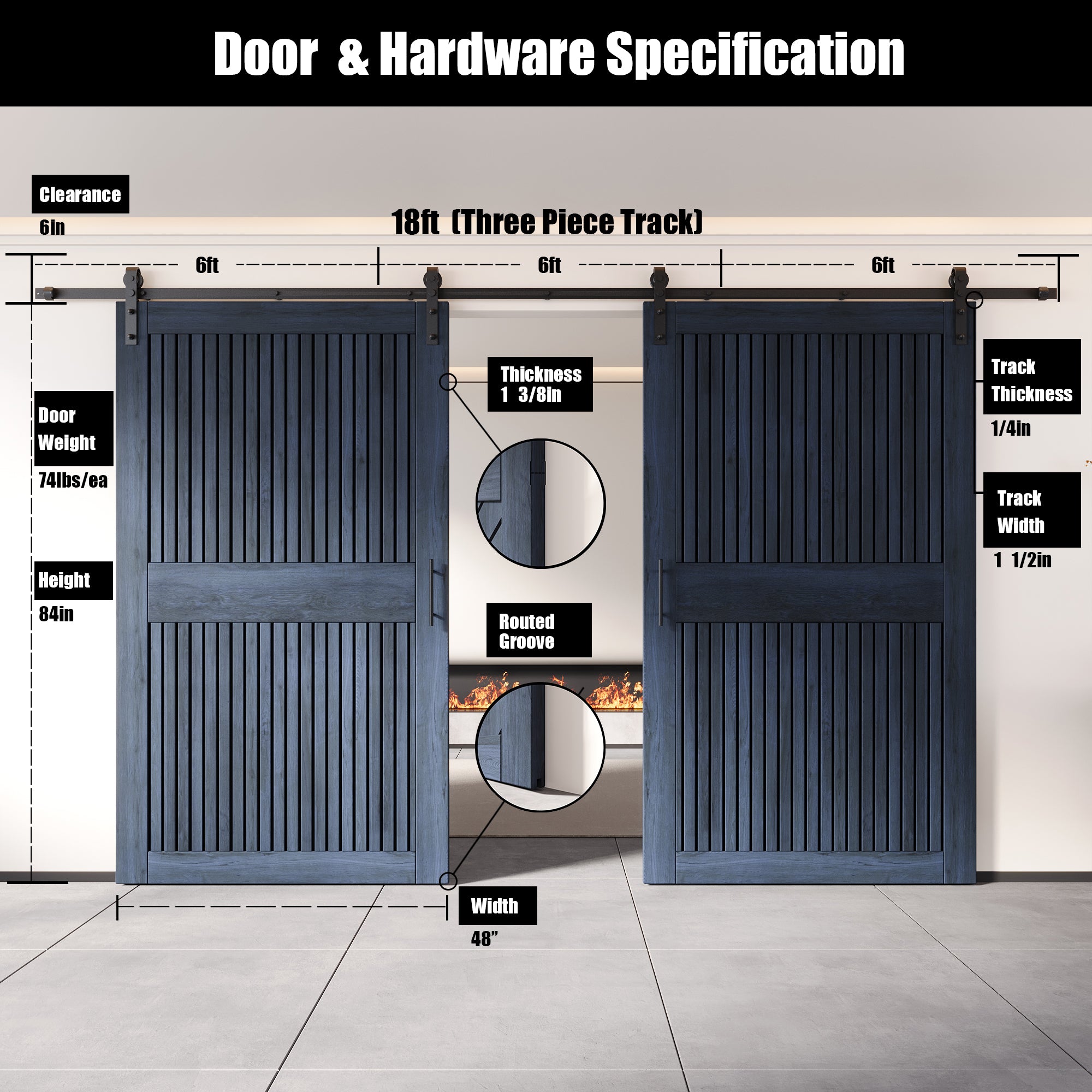 84" Height Navy Vertical Stripe Design Unassembled & Finished Double Pine Wood Barn Door with Non-Bypass Installation Hardware Kit(Interior Use Only)