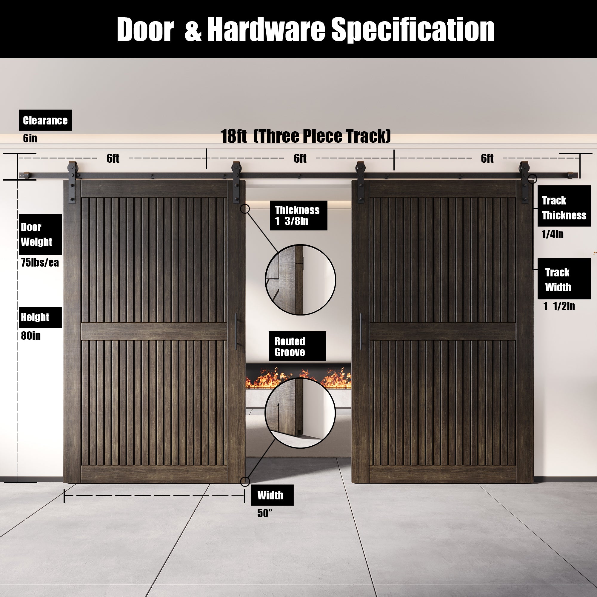 80" Height Ebony Vertical Stripe Design Unassembled & Finished Double Pine Wood Barn Door with Non-Bypass Installation Hardware Kit(Interior Use Only)