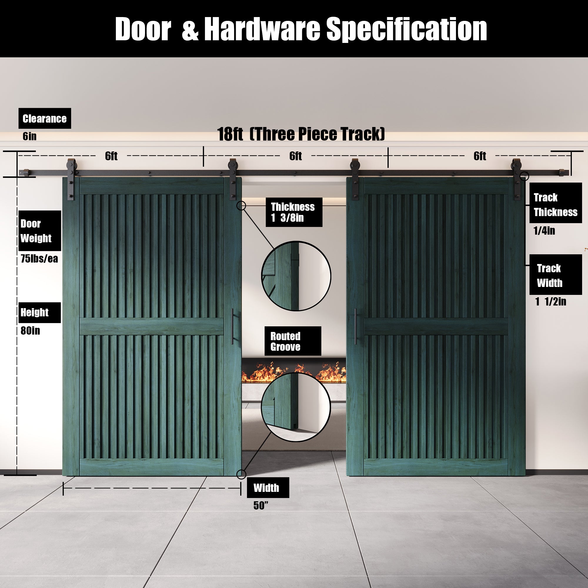 80" Height Royal Pine Vertical Stripe Design Unassembled & Finished Double Pine Wood Barn Door with Non-Bypass Installation Hardware Kit(Interior Use Only)