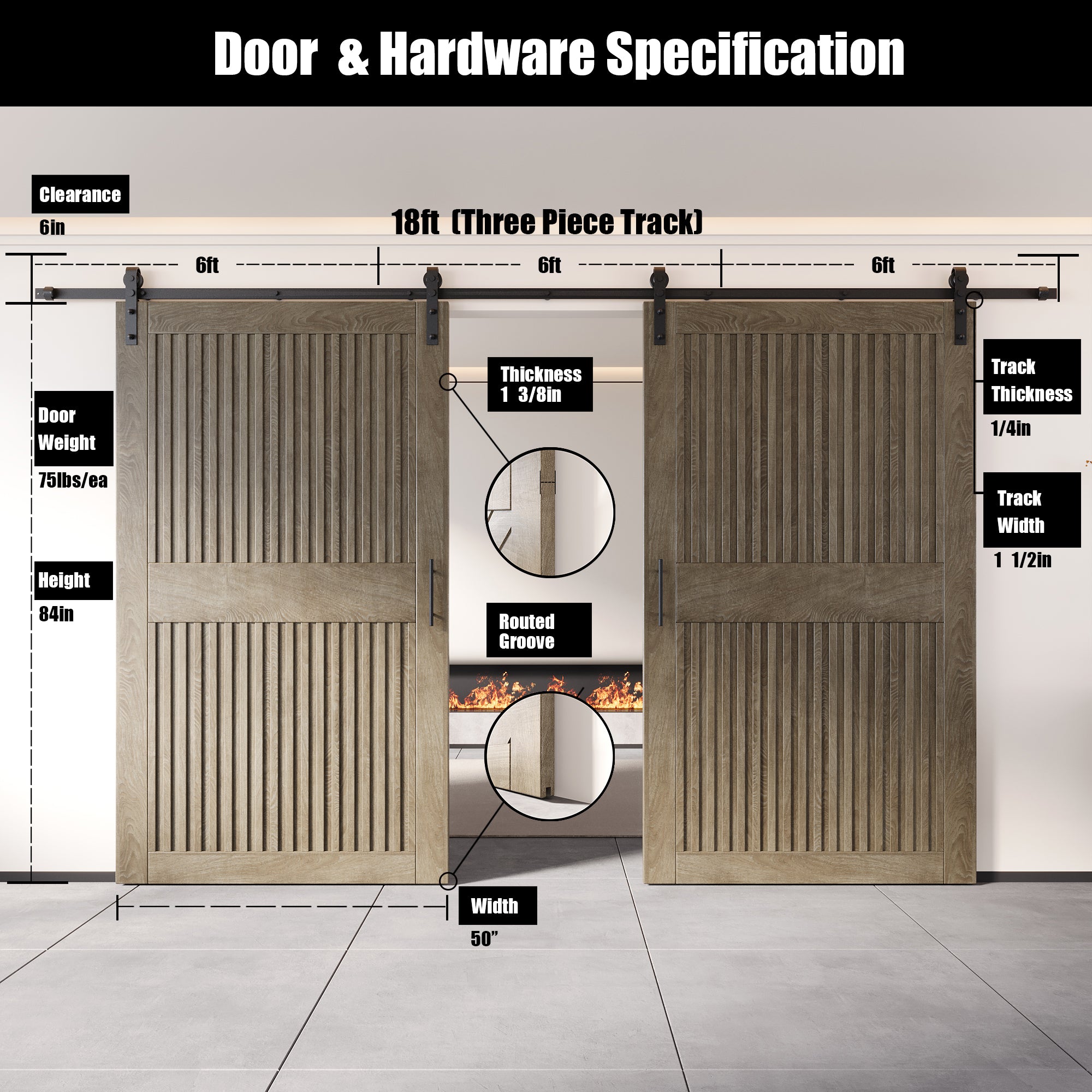 84" Height Classic Gray Vertical Stripe Design Unassembled & Finished Double Pine Wood Barn Door with Non-Bypass Installation Hardware Kit(Interior Use Only)