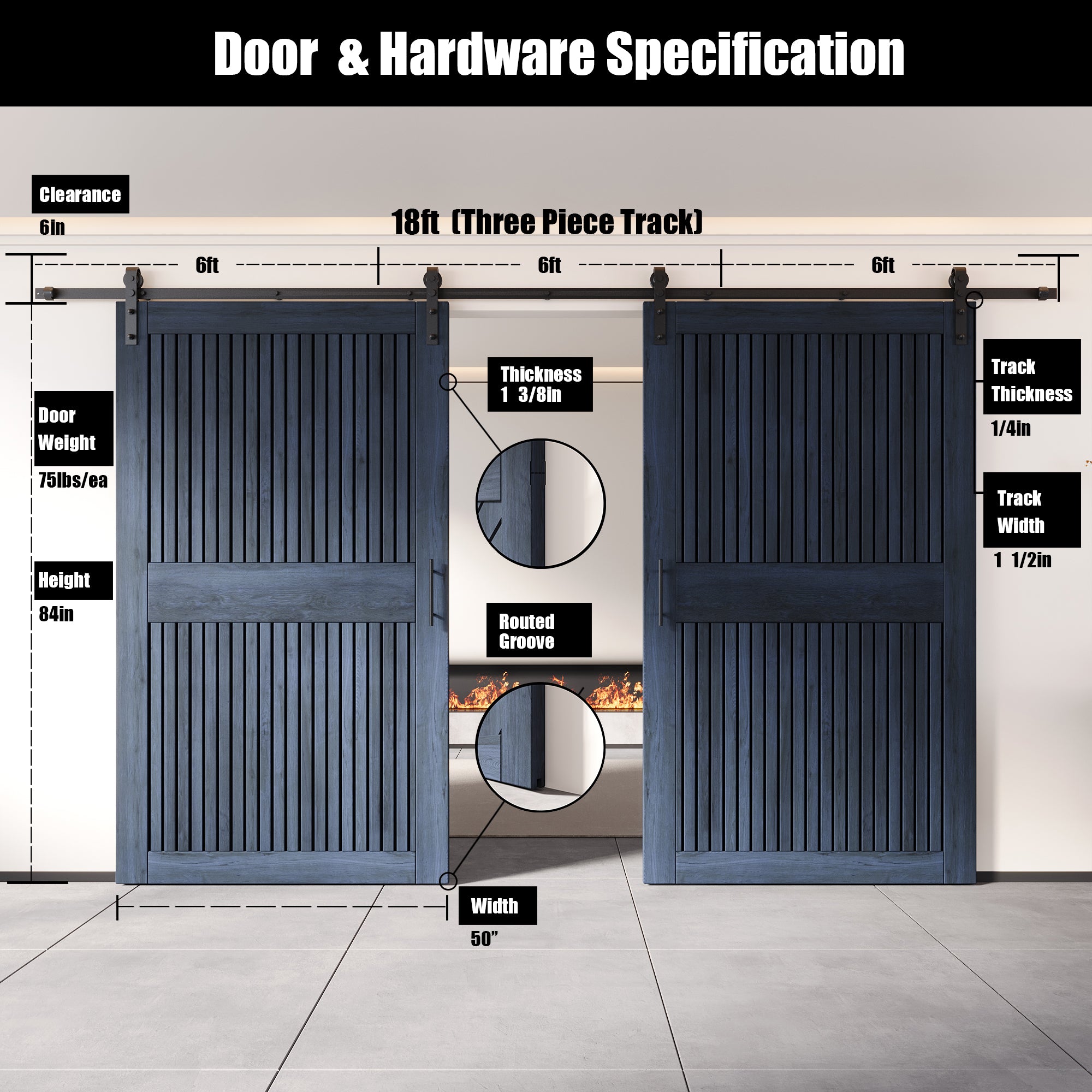 84" Height Navy Vertical Stripe Design Unassembled & Finished Double Pine Wood Barn Door with Non-Bypass Installation Hardware Kit(Interior Use Only)