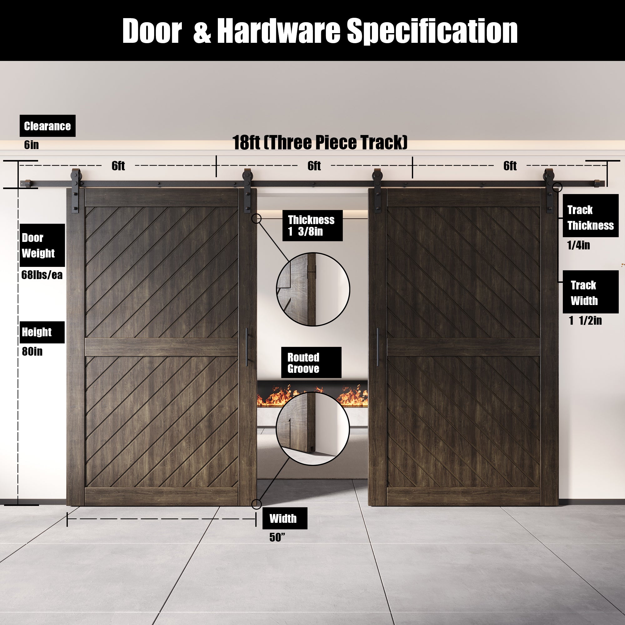 80" Height Ebony Slanted Stripe Design Unassembled & Finished Double Pine Wood Barn Door with Non-Bypass Installation Hardware Kit(Interior Use Only)