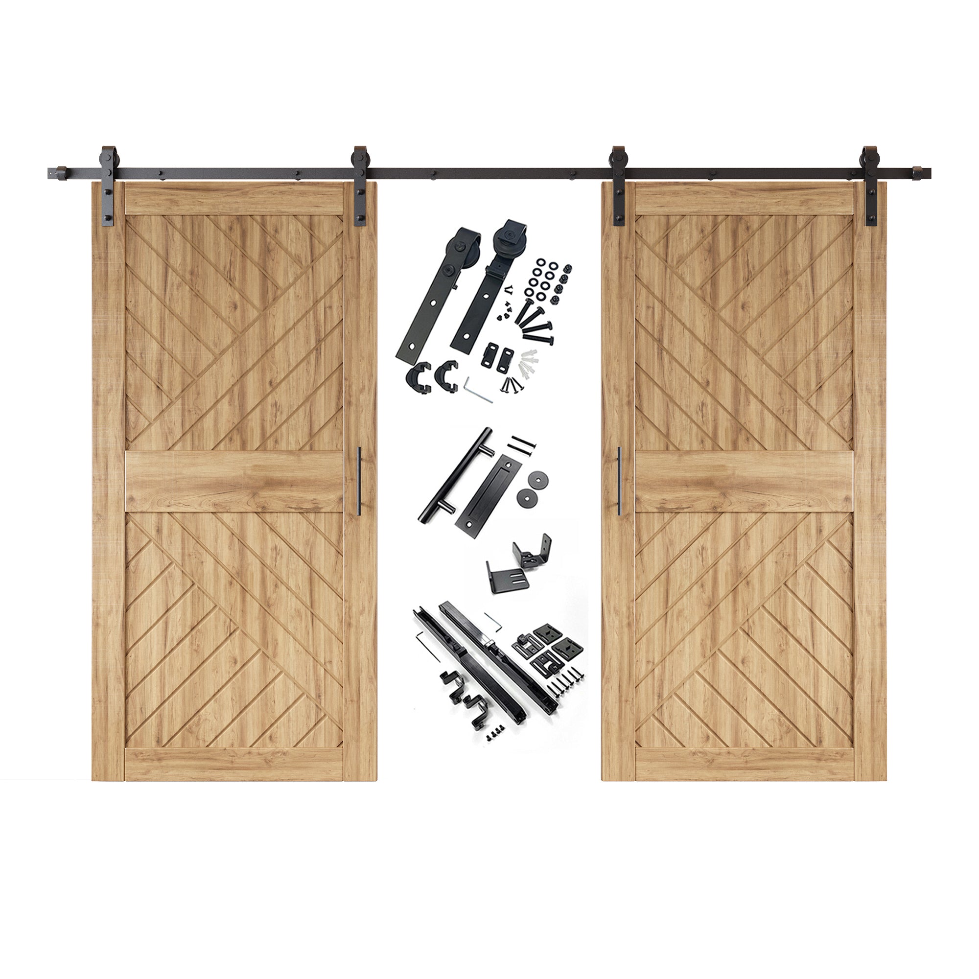 84" Height Geometric Design Unassembled & Unfinished Double Pine Wood Barn Door with Non-Bypass Installation Hardware Kit(Interior Use Only)