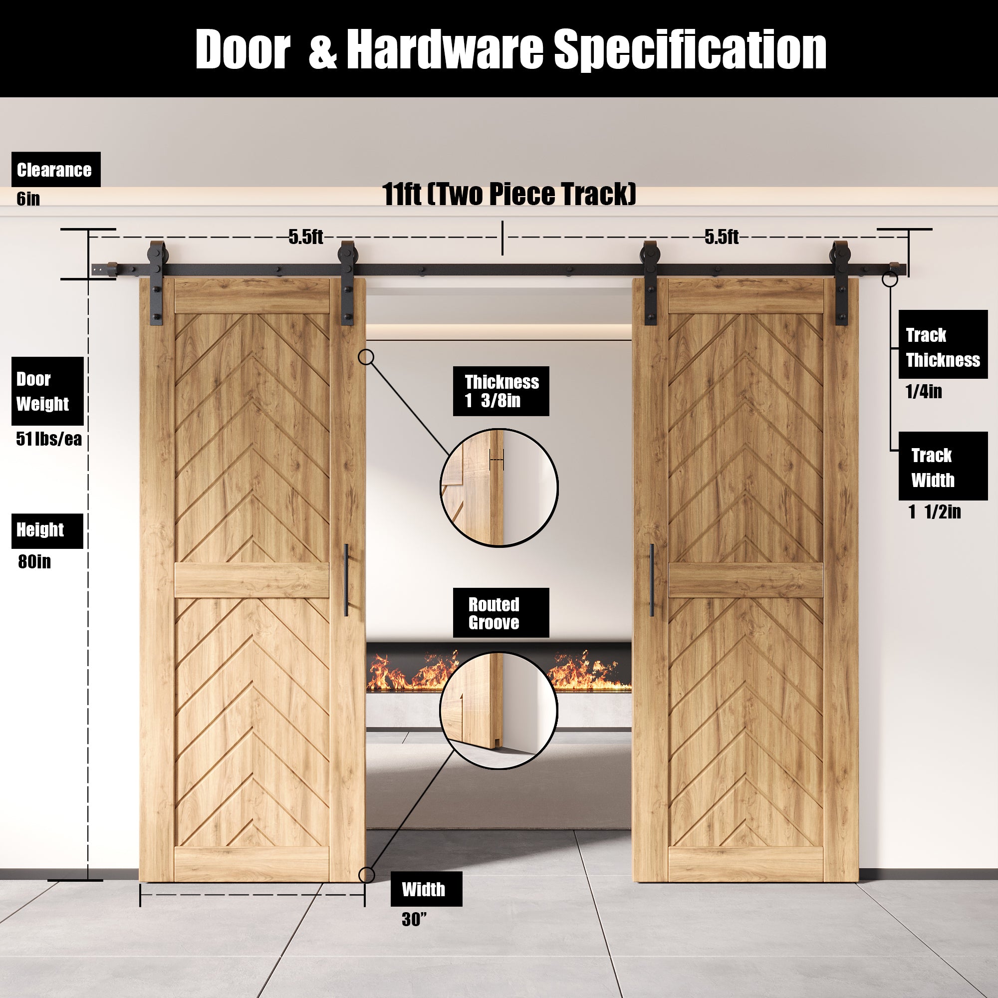 80" Height Fishbone Design Unassembled & Unfinished Double Pine Wood Barn Door with Non-Bypass Installation Hardware Kit(Interior Use Only)