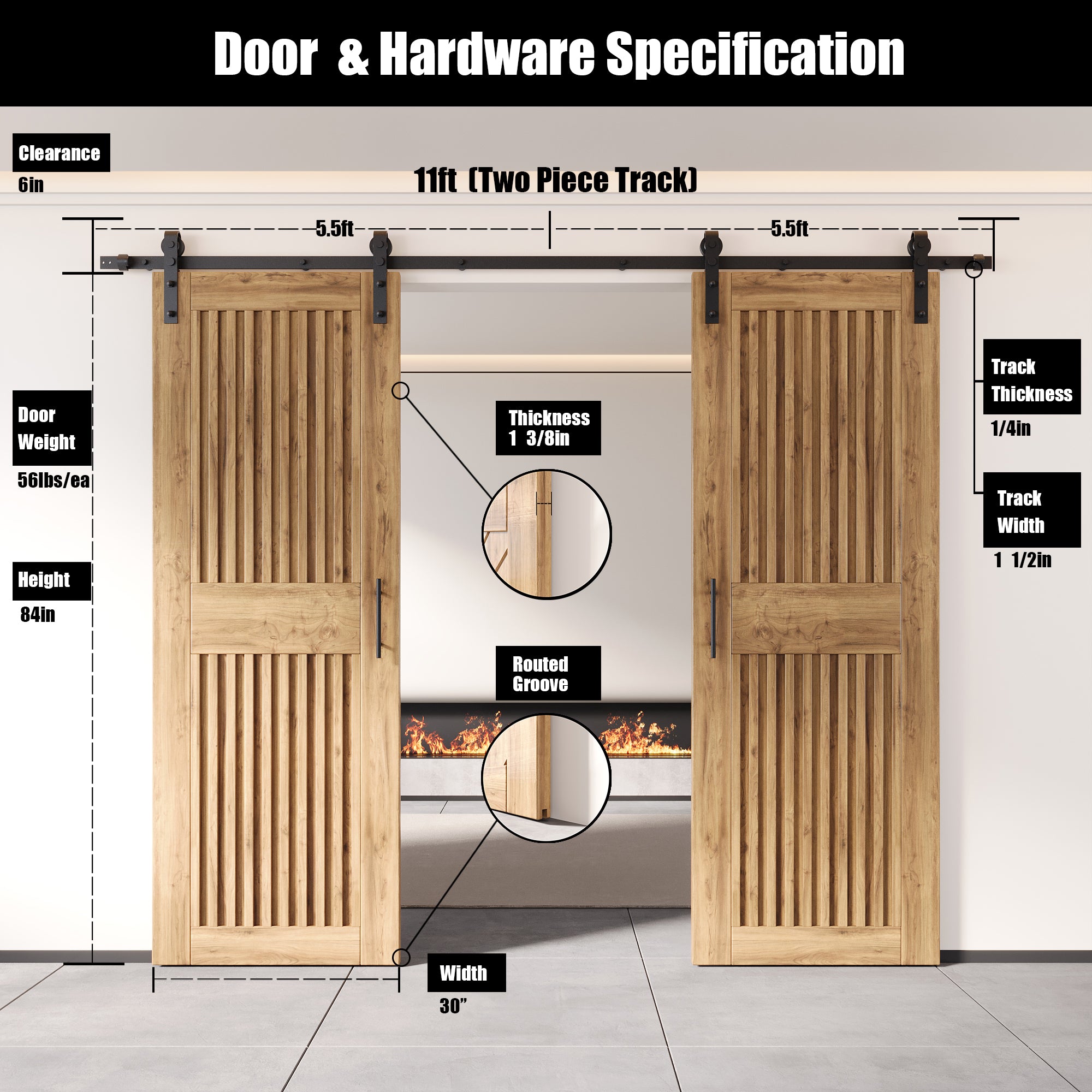 84" Height Vertical Stripe Design Unassembled & Unfinished Double Pine Wood Barn Door with Non-Bypass Installation Hardware Kit (Interior Use Only)