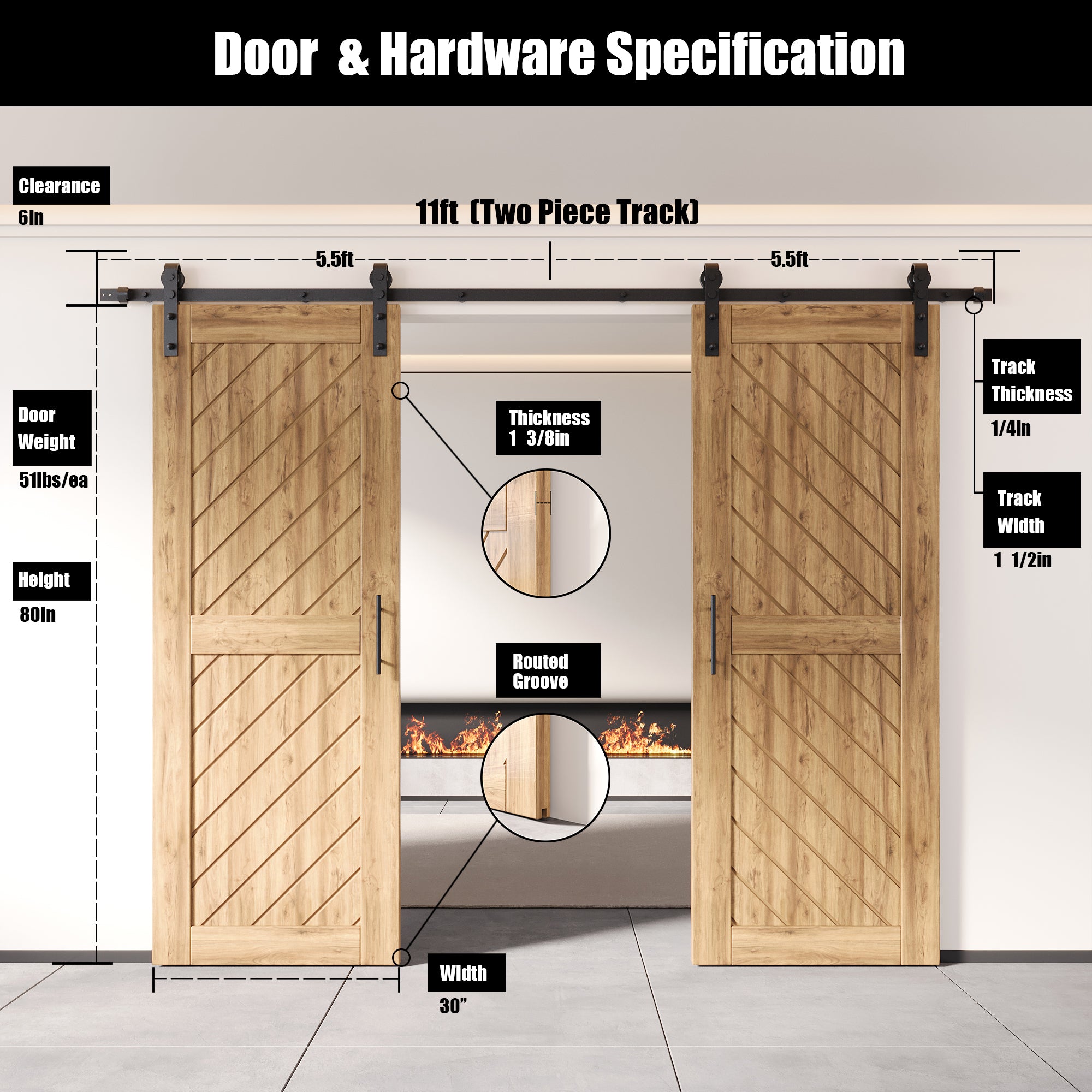 80-inch slanted stripe double pine barn door, unassembled and unfinished