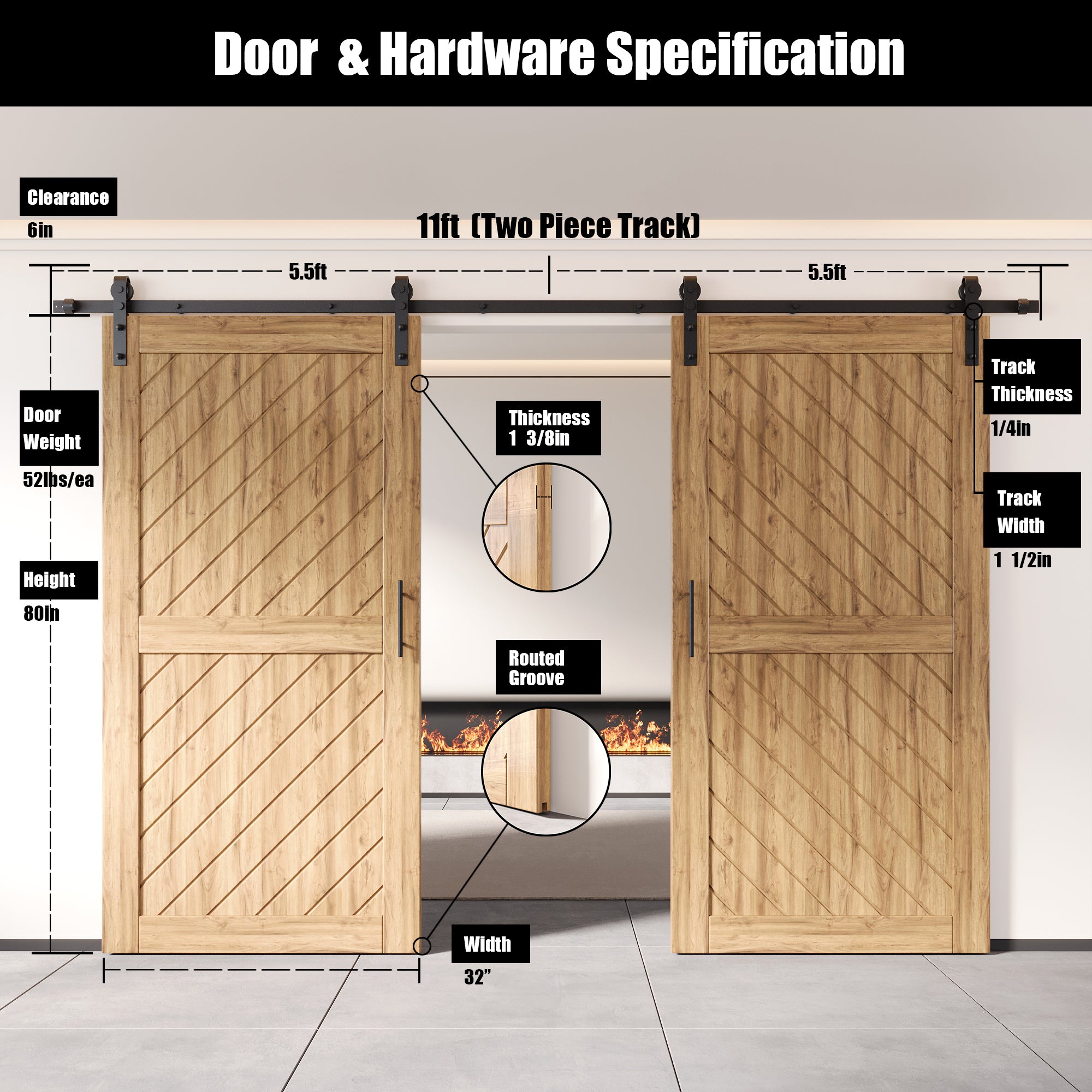 unassembled double pine barn door, slanted stripe design