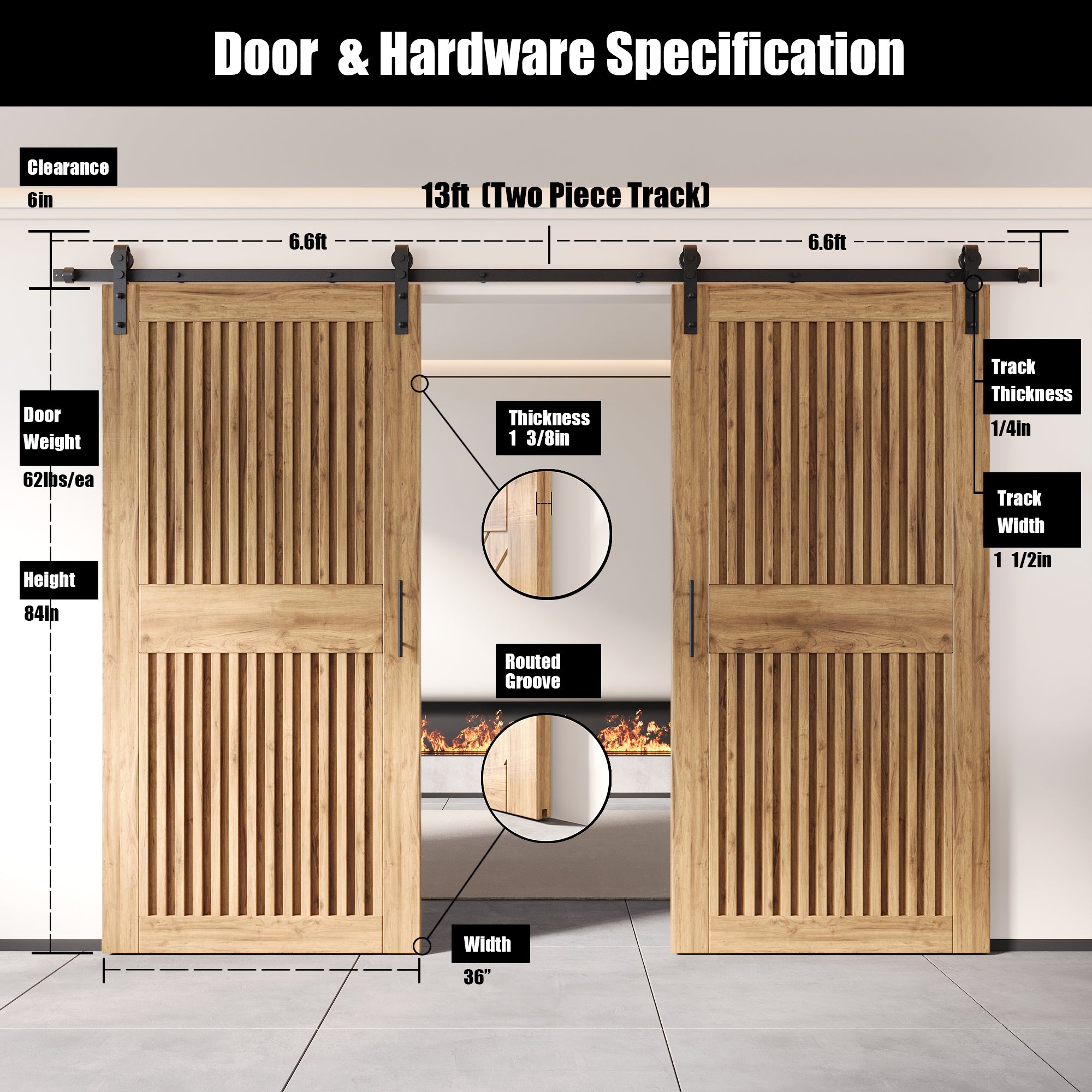 84" Height Vertical Stripe Design Unassembled & Unfinished Double Pine Wood Barn Door with Non-Bypass Installation Hardware Kit (Interior Use Only)