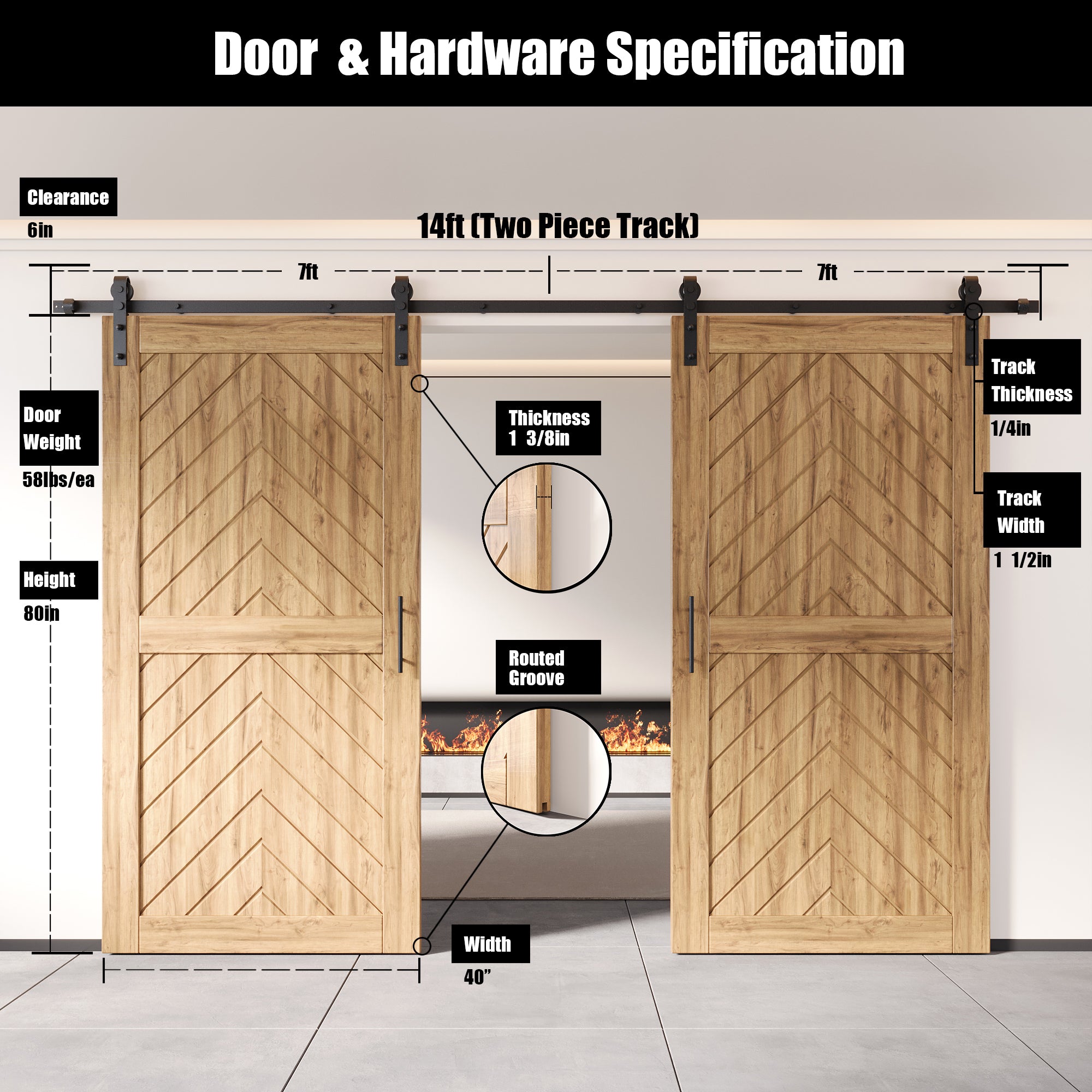 80" Height Fishbone Design Unassembled & Unfinished Double Pine Wood Barn Door with Non-Bypass Installation Hardware Kit(Interior Use Only)