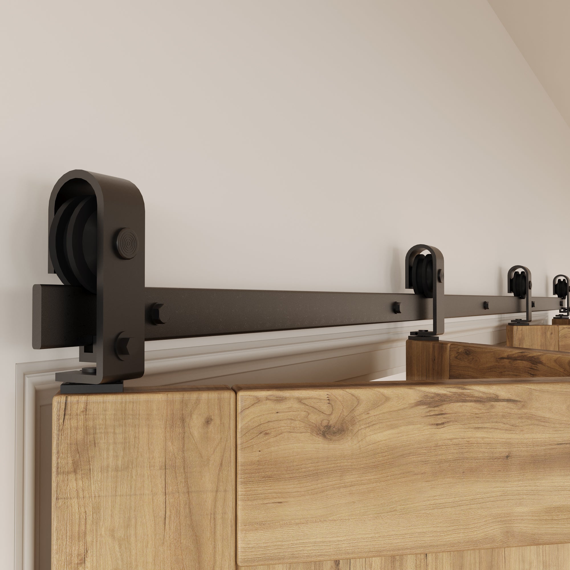 Bi-Folding Sliding Barn Door Hardware Top Mount Four Doors Kit - T-shape Design Roller (Doors Not Included)