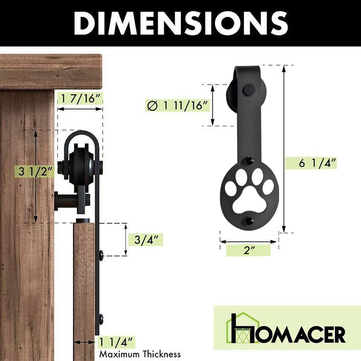 Mini Non-Bypass Sliding Barn Door Hardware Kit - Puppy Paw Design Roller