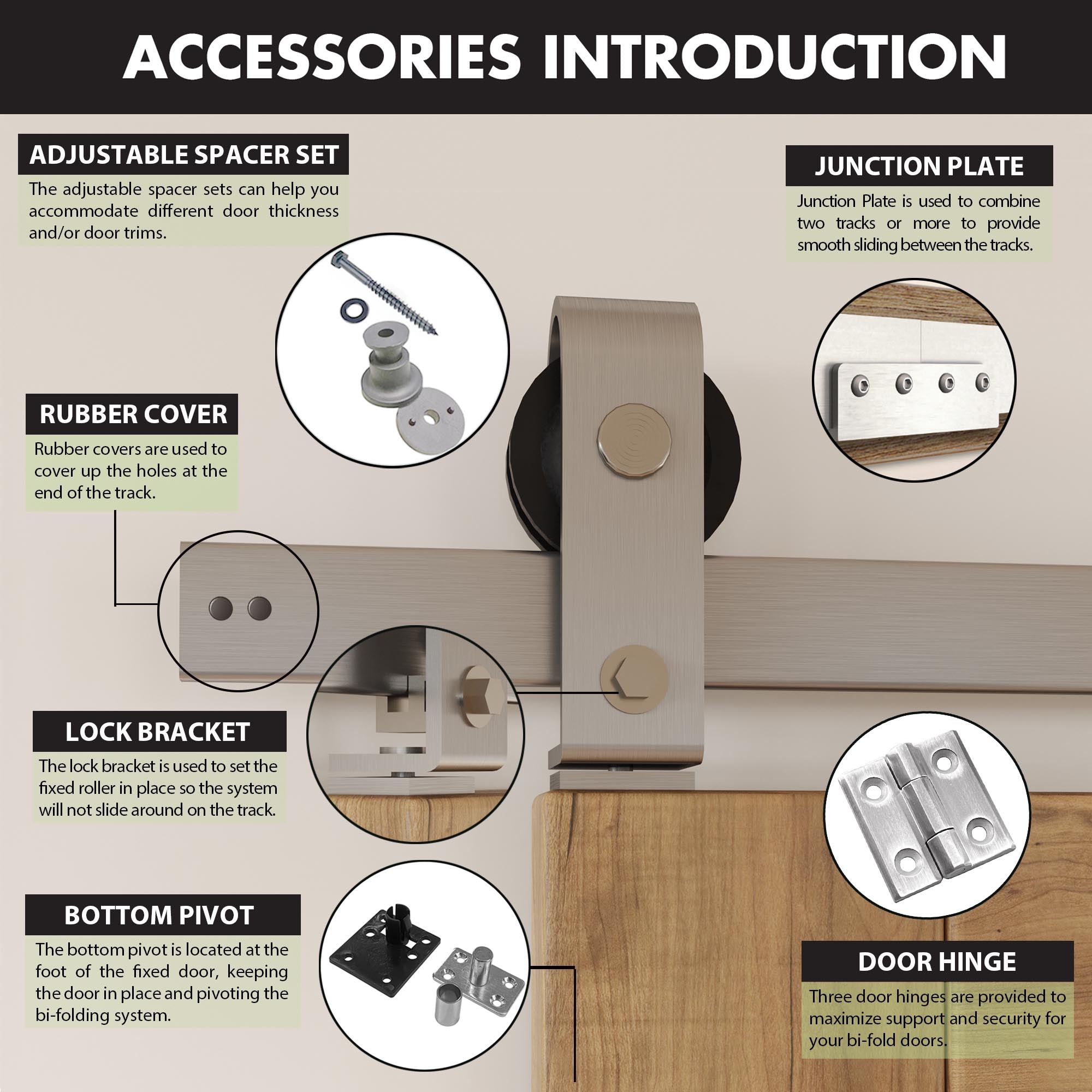 Brushed Nickel Bi-Folding Sliding Barn Door Hardware Top Mount Two Doors Kit - T-Shape Design Roller (Doors Not Included)