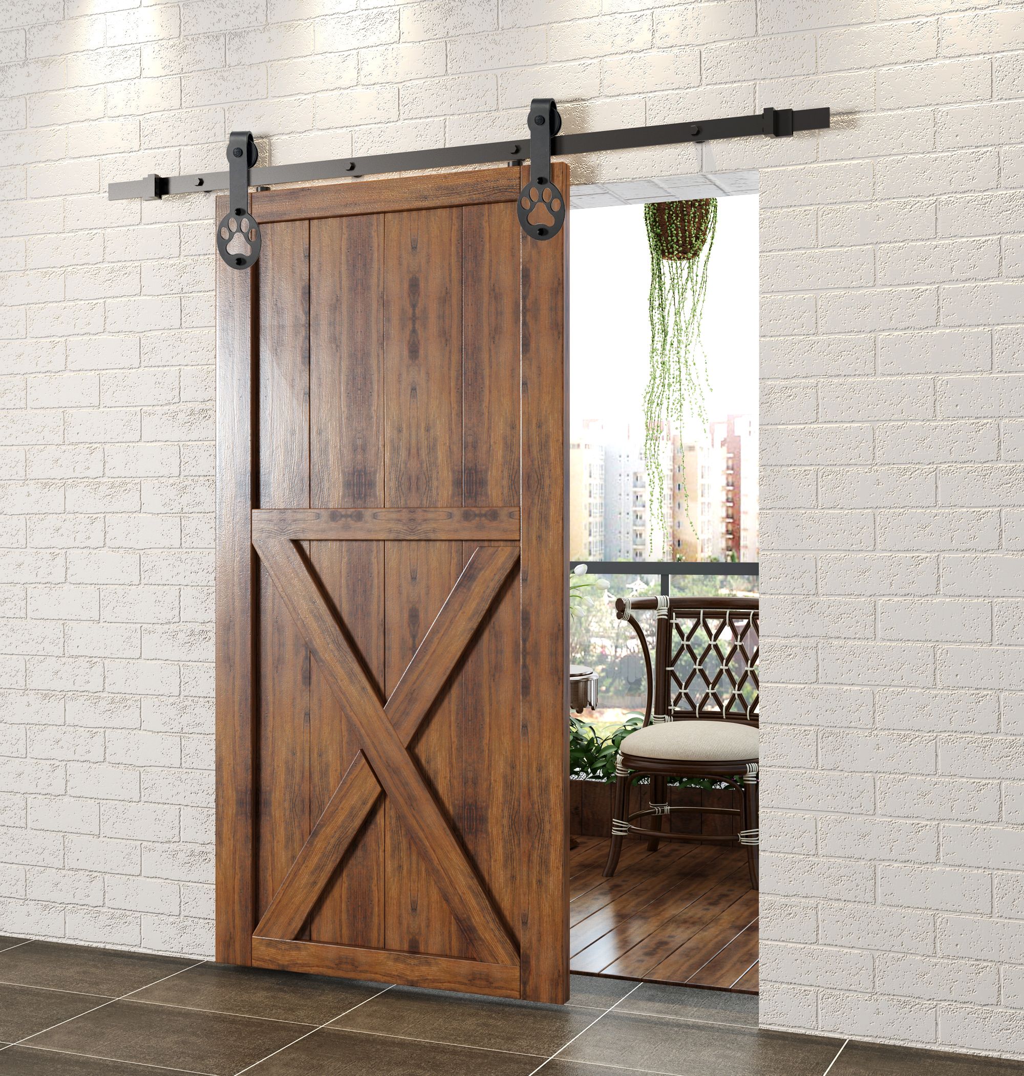 Non-Bypass Sliding Barn Door Hardware Kit - Puppy Paw Design Roller