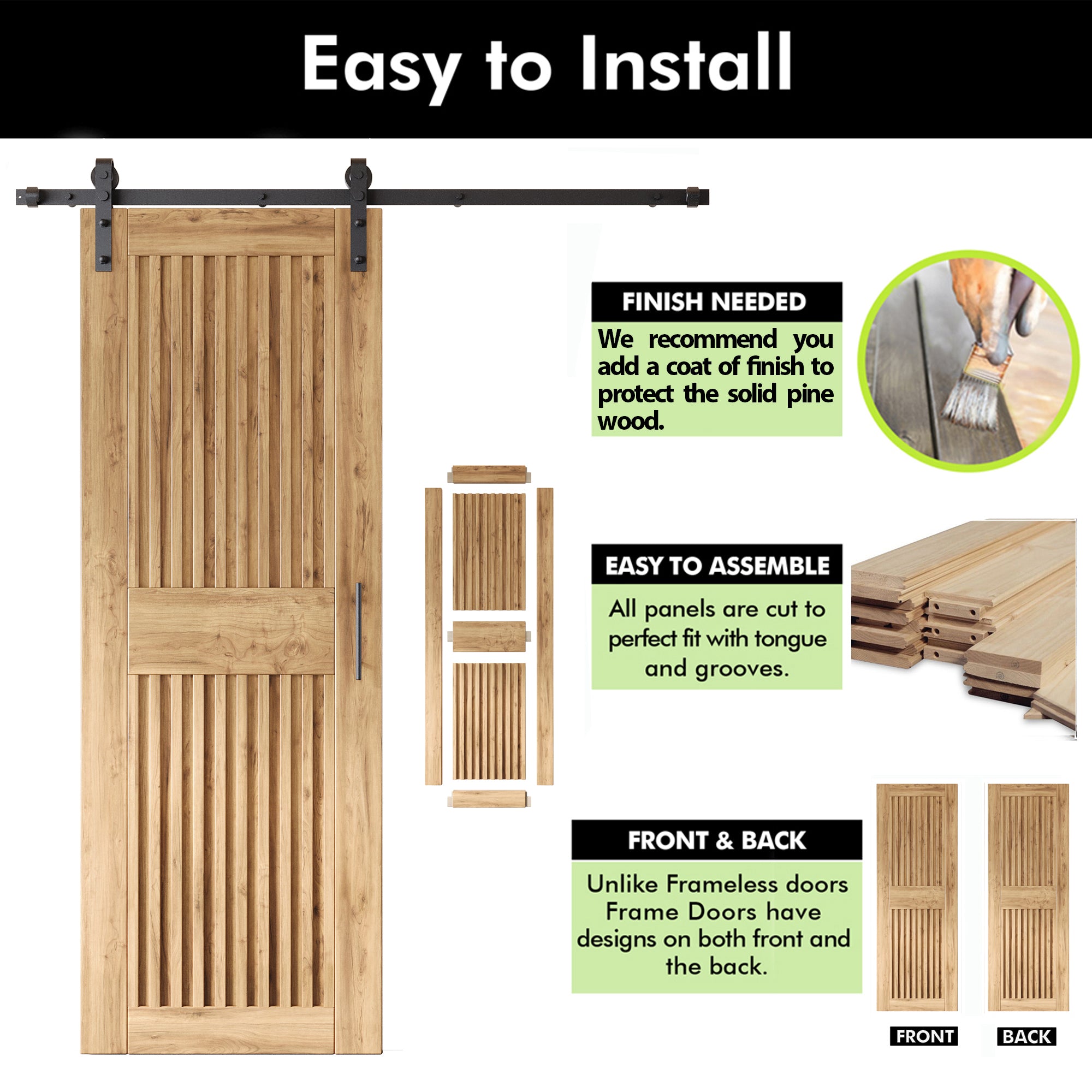 84" Height Vertical Stripe Design Unassembled & Unfinished Pine Wood Barn Door with Non-Bypass Installation Hardware Kit(Interior Use Only)
