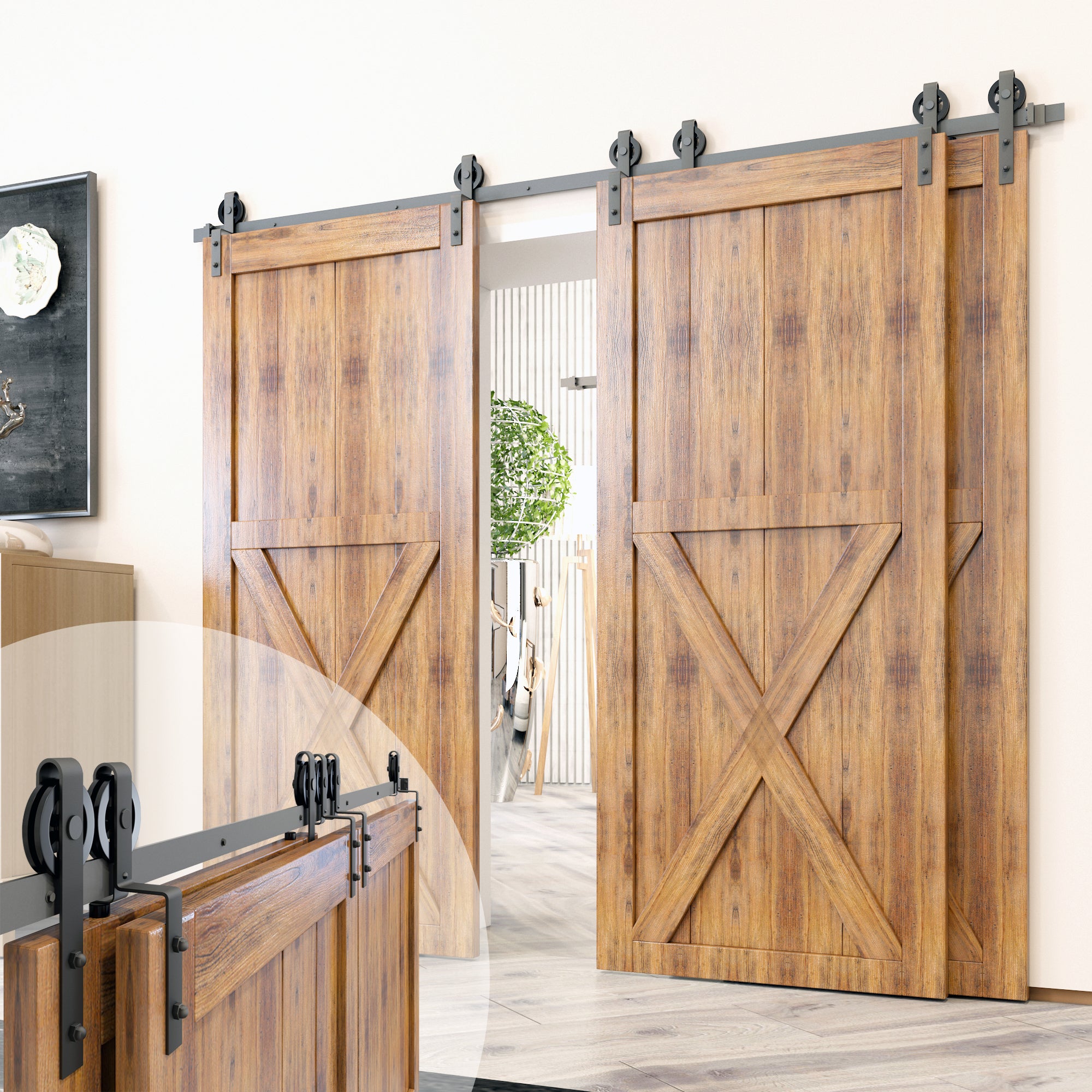 Single Track Bypass Sliding Barn Door Hardware Kit - Spoke Wheel Design Roller