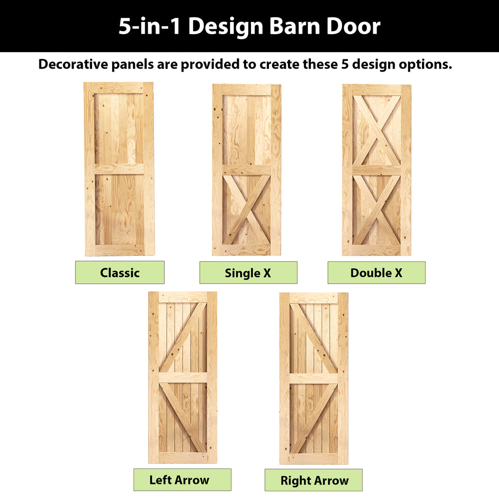 96" Height 5-in-1 Design Unassembled & Unfinished Pine Wood Barn Door - Frame