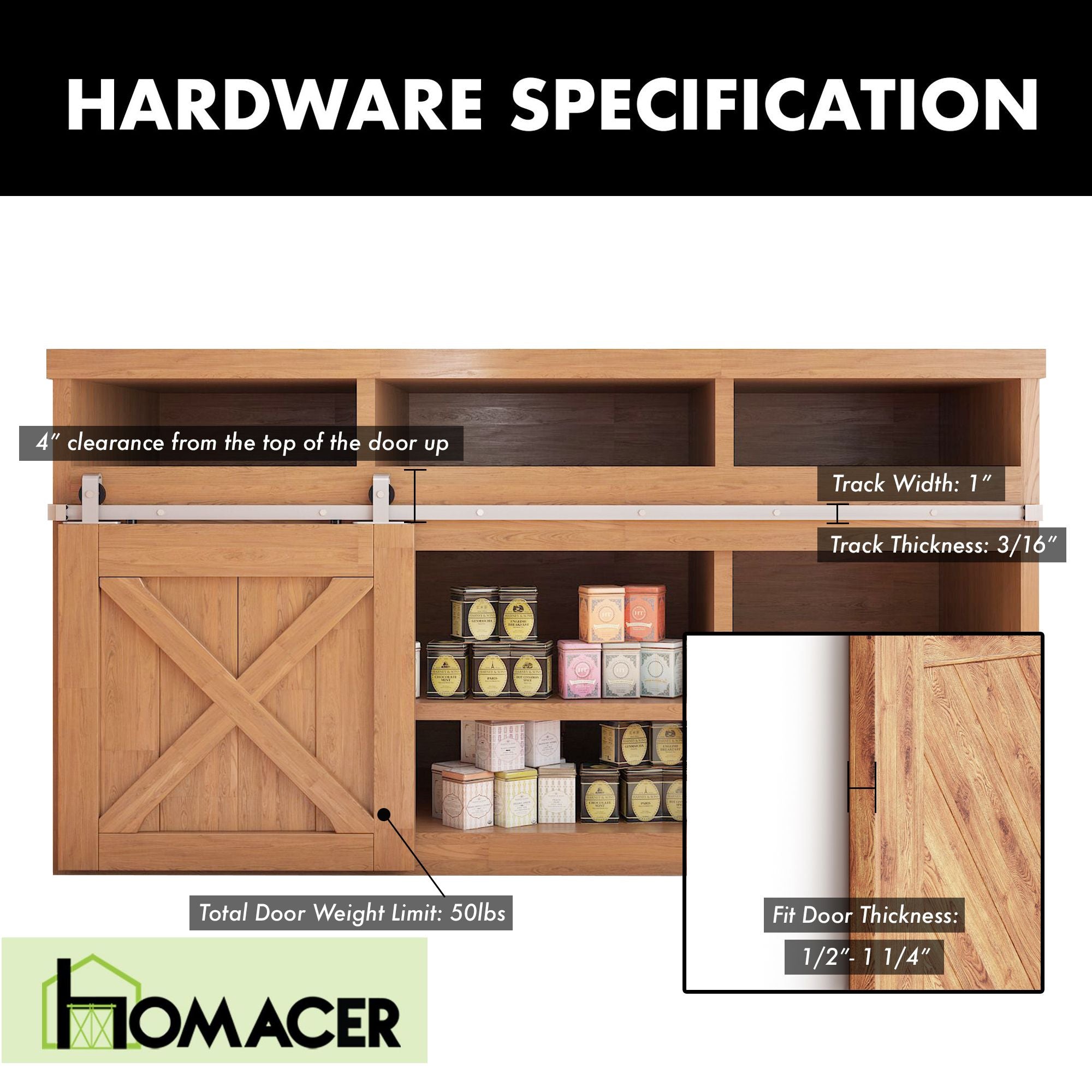 homacer brushed nickel top mount miniature barn door hardware kit specification