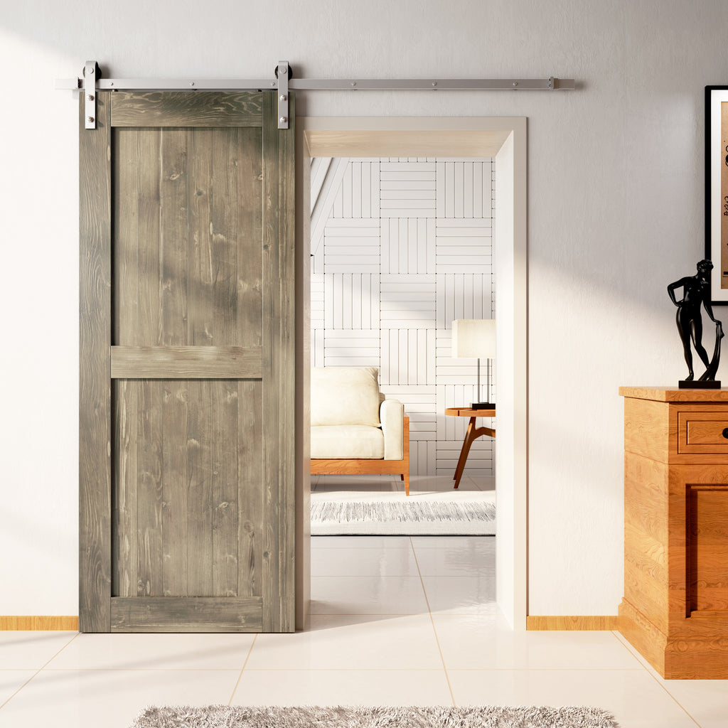 84" Height Finished & Unassembled Single Barn Door with Non-Bypass Brushed Nickel Installation Hardware Kit (H Design)