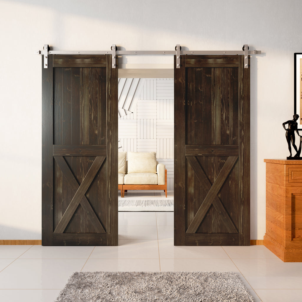 84" Height Finished & Unassembled Double Barn Door with Brushed Nickel Non-Bypass Installation Hardware Kit (Single X)