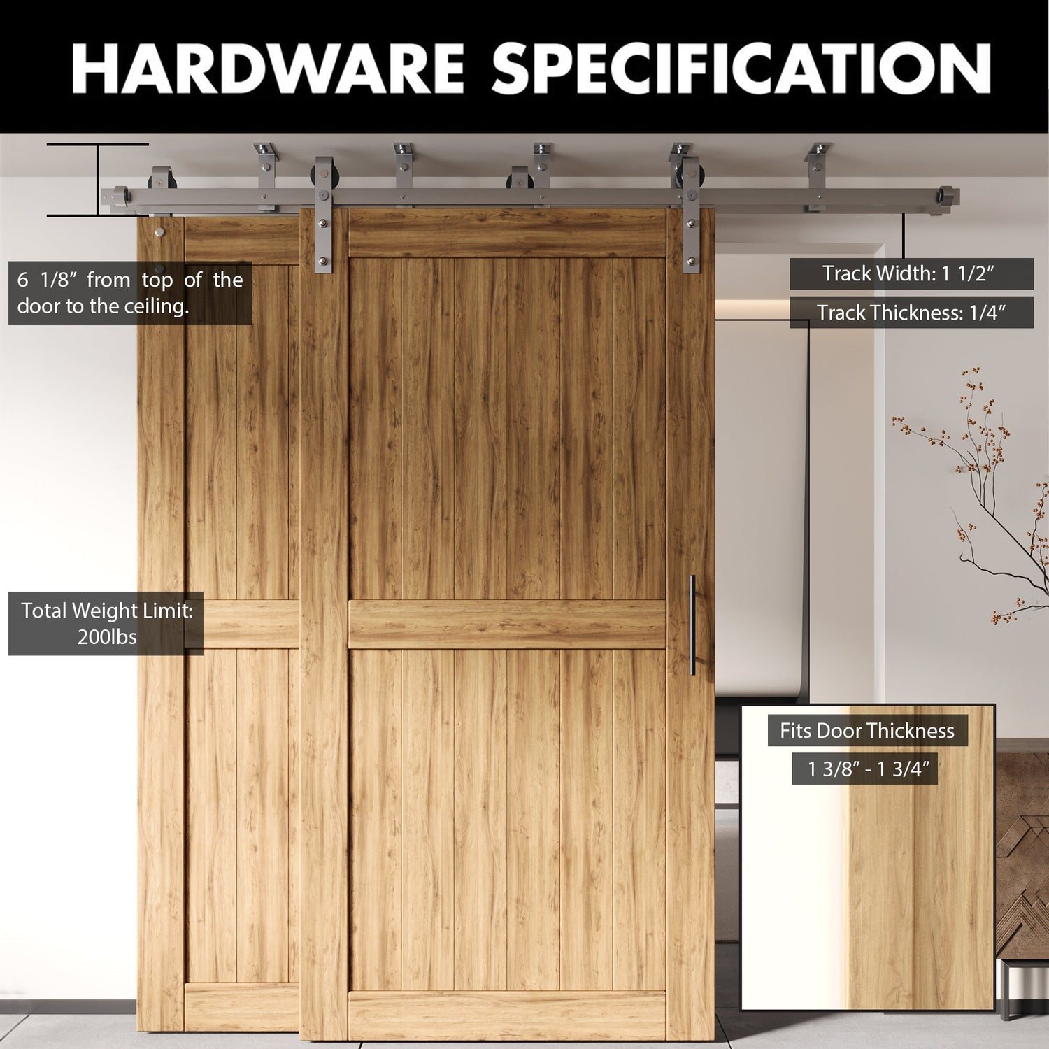 ceiling mount barn door hardware kit installed with double barn doors, showing track specs and pine wood finish