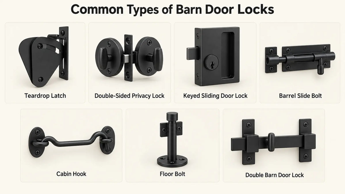 Comparison of teardrop latch, double-sided privacy lock, keyed sliding door lock, barrel slide bolt, cabin hook, floor bolt and double barn door lock