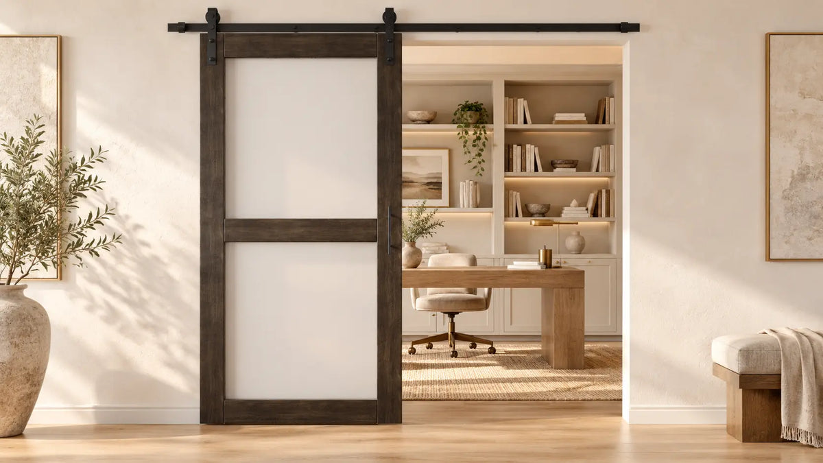 Dark wood 2-lite frosted glass barn door in a warm modern interior
