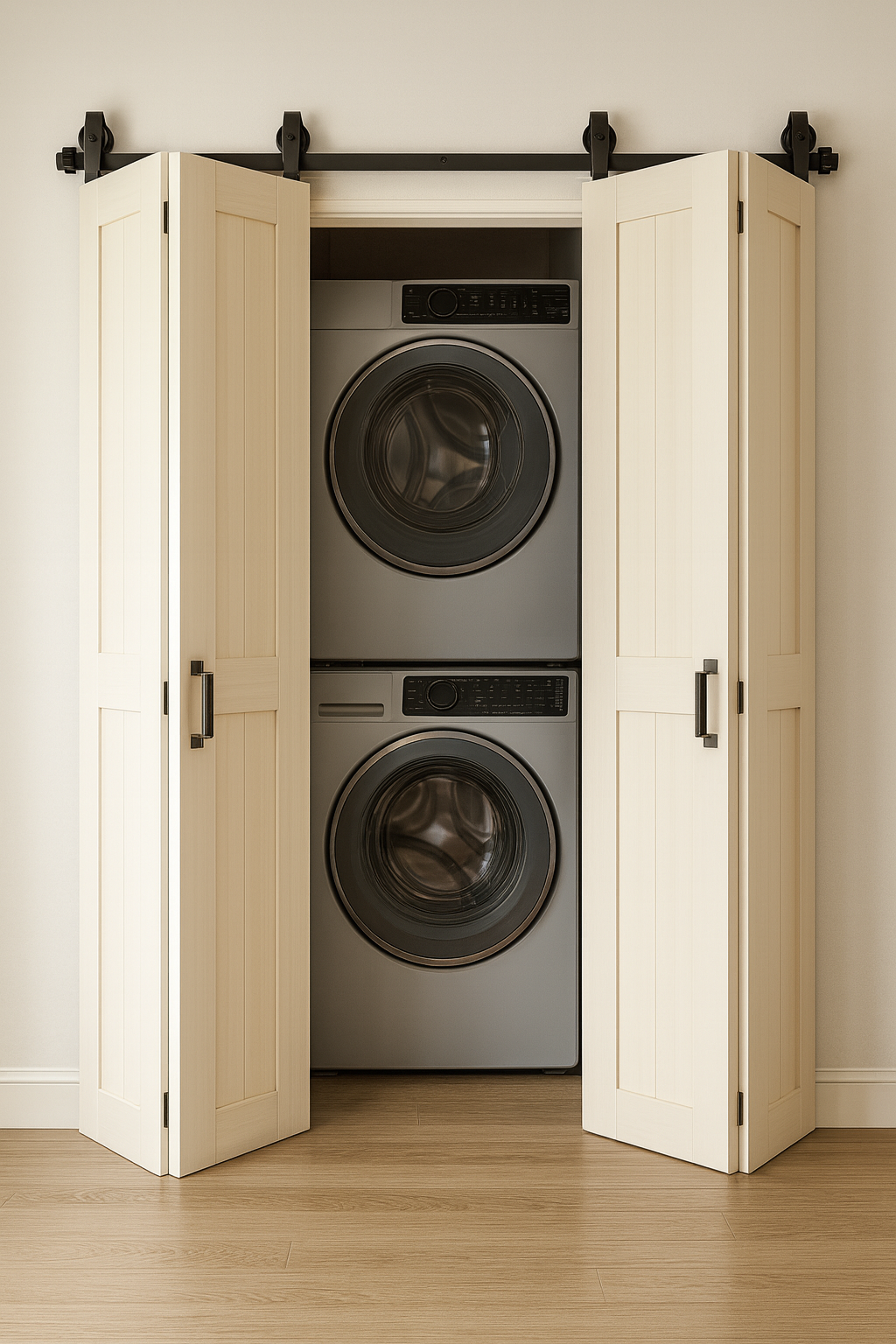 Bi-fold barn door covering a stacked washer and dryer in a laundry closet, light wood panel design with black hardware – Homacer