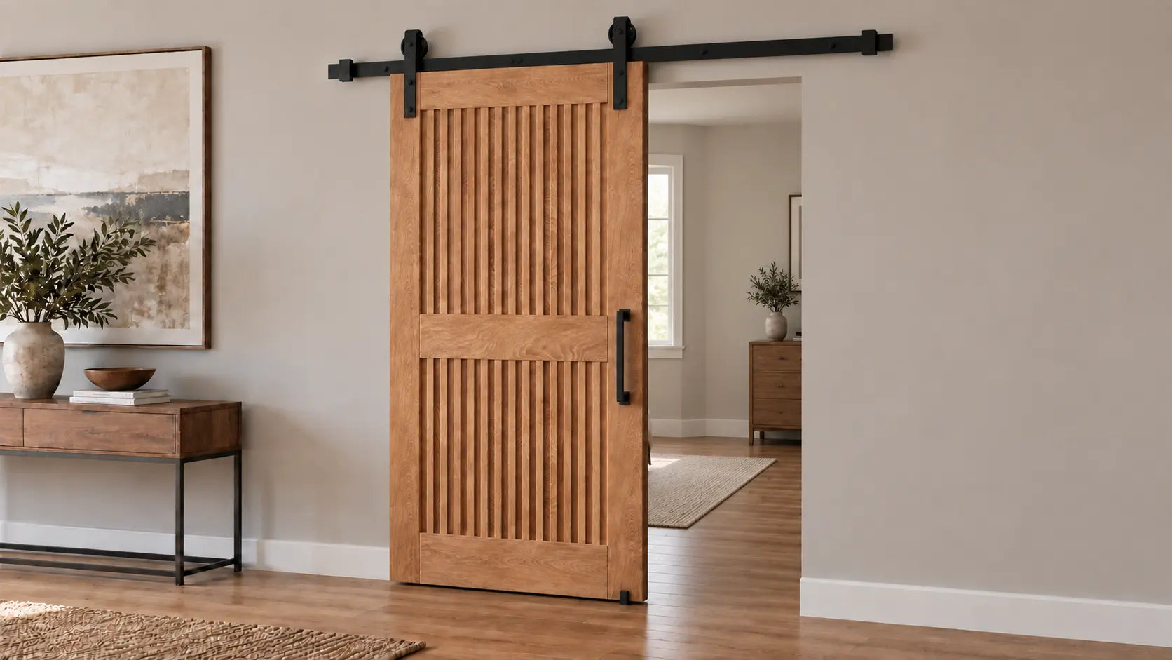 Vertical stripe barn door with black wall-mounted sliding hardware