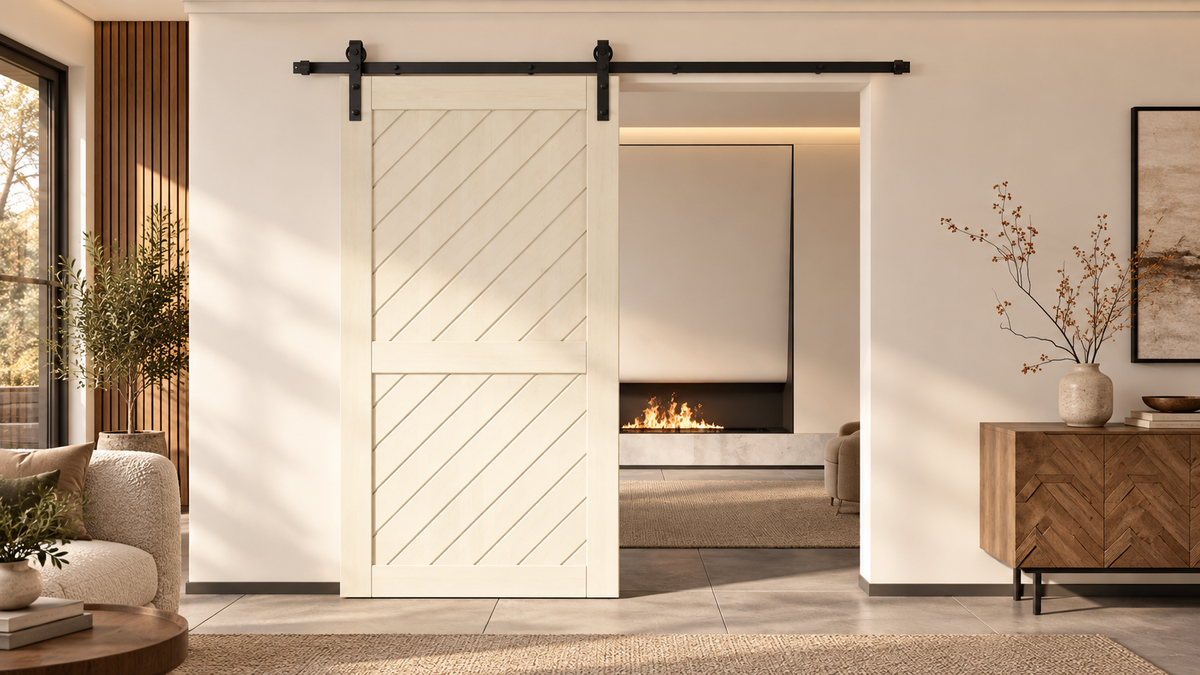 White modern barn door with black non-bypass track in a warm contemporary interior