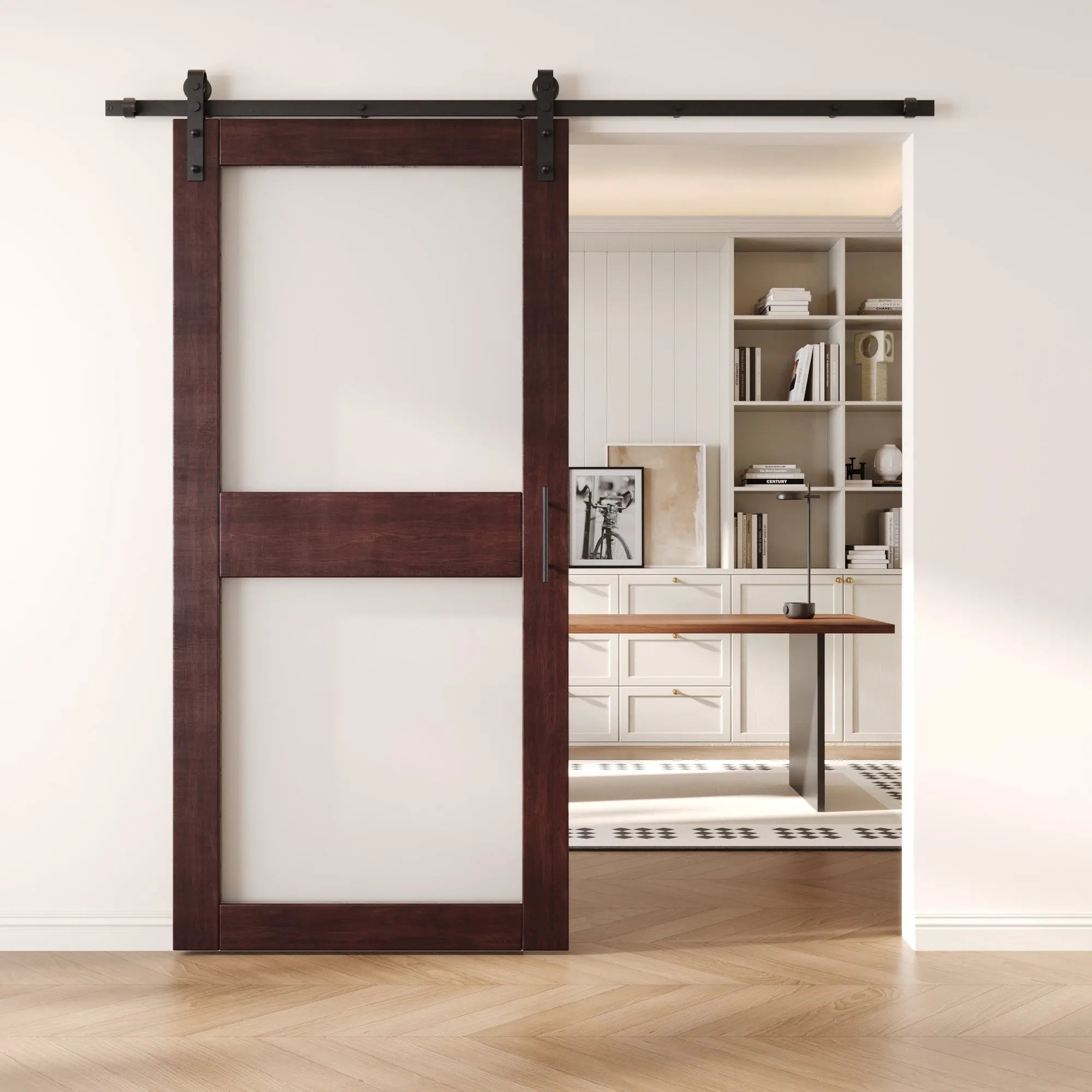 glass barn door with frosted panels and black sliding hardware in modern interior