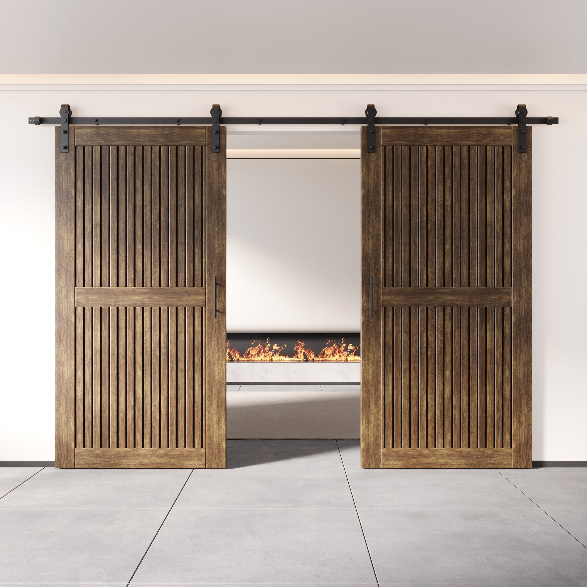 Rustic barn wood sliding double doors with black metal track installed in a modern living room.