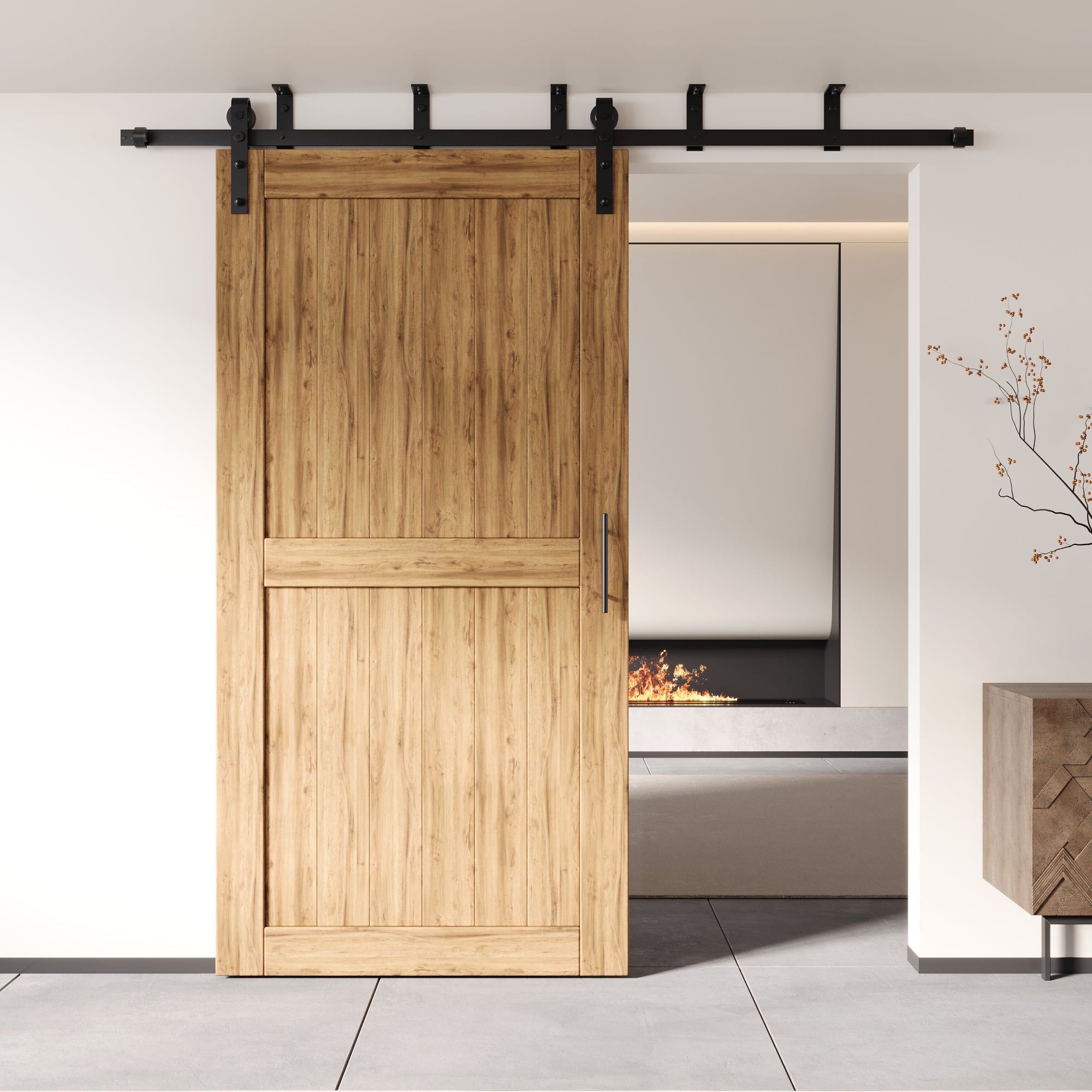 Wood barn door with u shape bracket sliding hardware enhancing modern interior space
