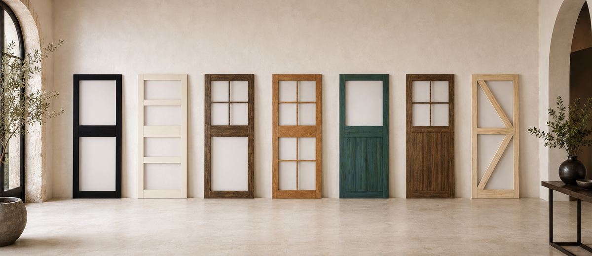 Seven Homacer frosted glass barn door designs including 2-lite, 4-lite, 5-lite, 8-lite, half lite, half lite grid, and arrow pattern