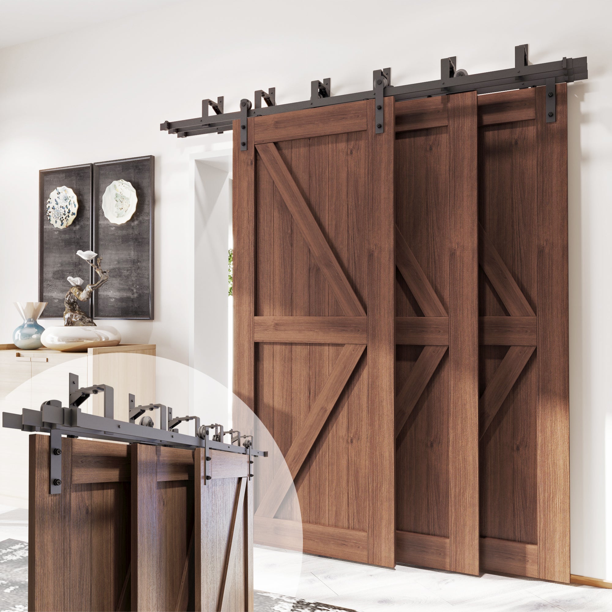 Black Rustic Triple Track Bypass Sliding Barn Door Hardware Kit