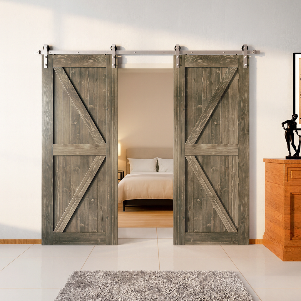 Classic double sliding barn doors opening into a modern bedroom with rustic wood panels and silver hardware – Homacer